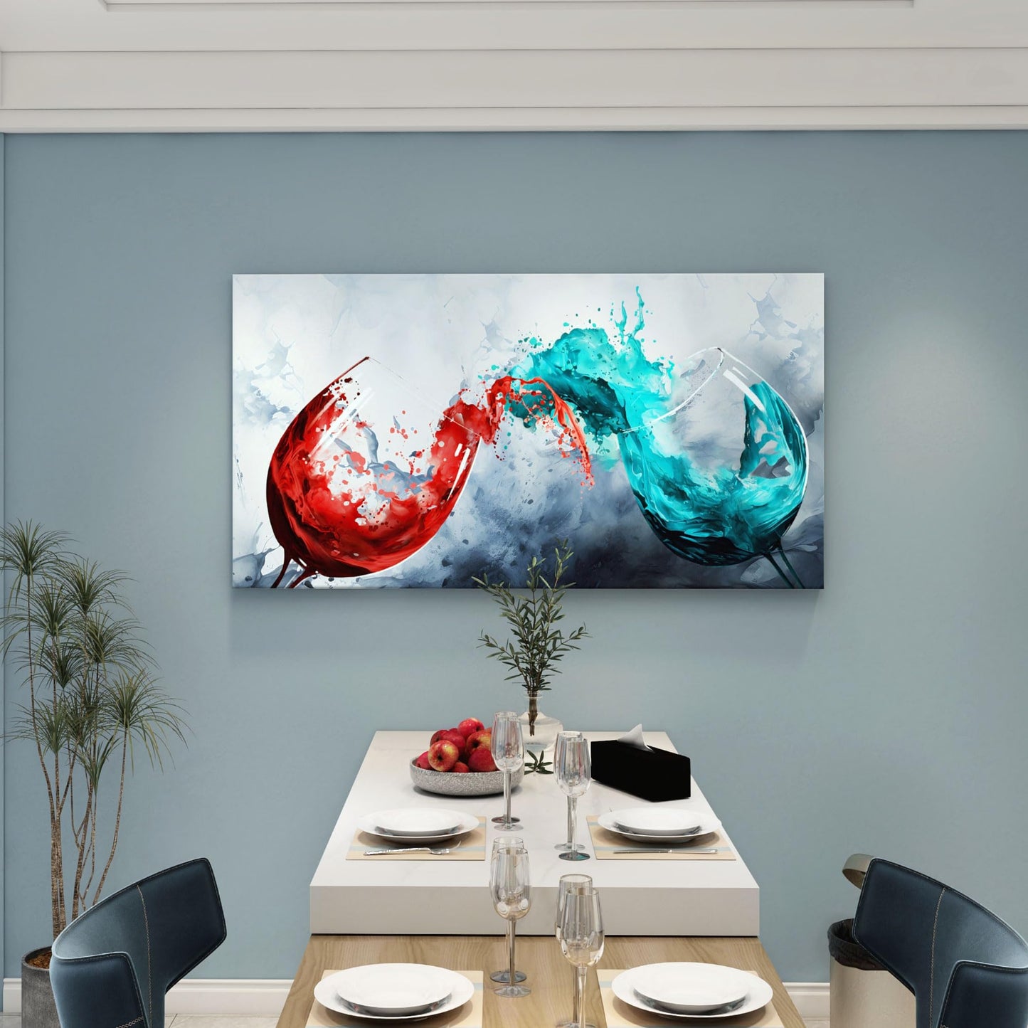 Pogusmavi Dining Room Wall Art Wine Glass Canvas Wall Pictures Kitchen Art Wall Decor Blue & Red Wine Cups Painting Modern Wall Art for Living Room Office Artwork Wall Decor 29x58IN