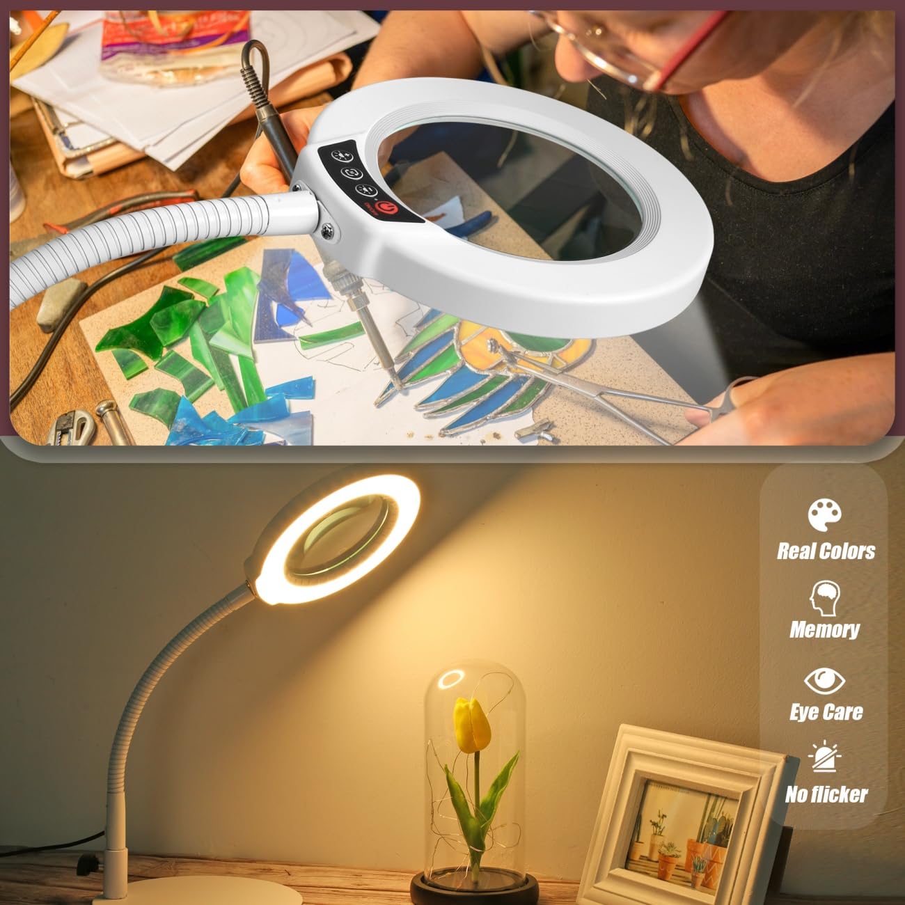 Krstlv 10X Magnifying Glass with Light and Stand, 5 Color Modes Stepless Dimmable LED Lighted Desk Lamp, Hands Free Flexible Gooseneck Magnifier with Light for Craft Hobby Painting Close Work - White