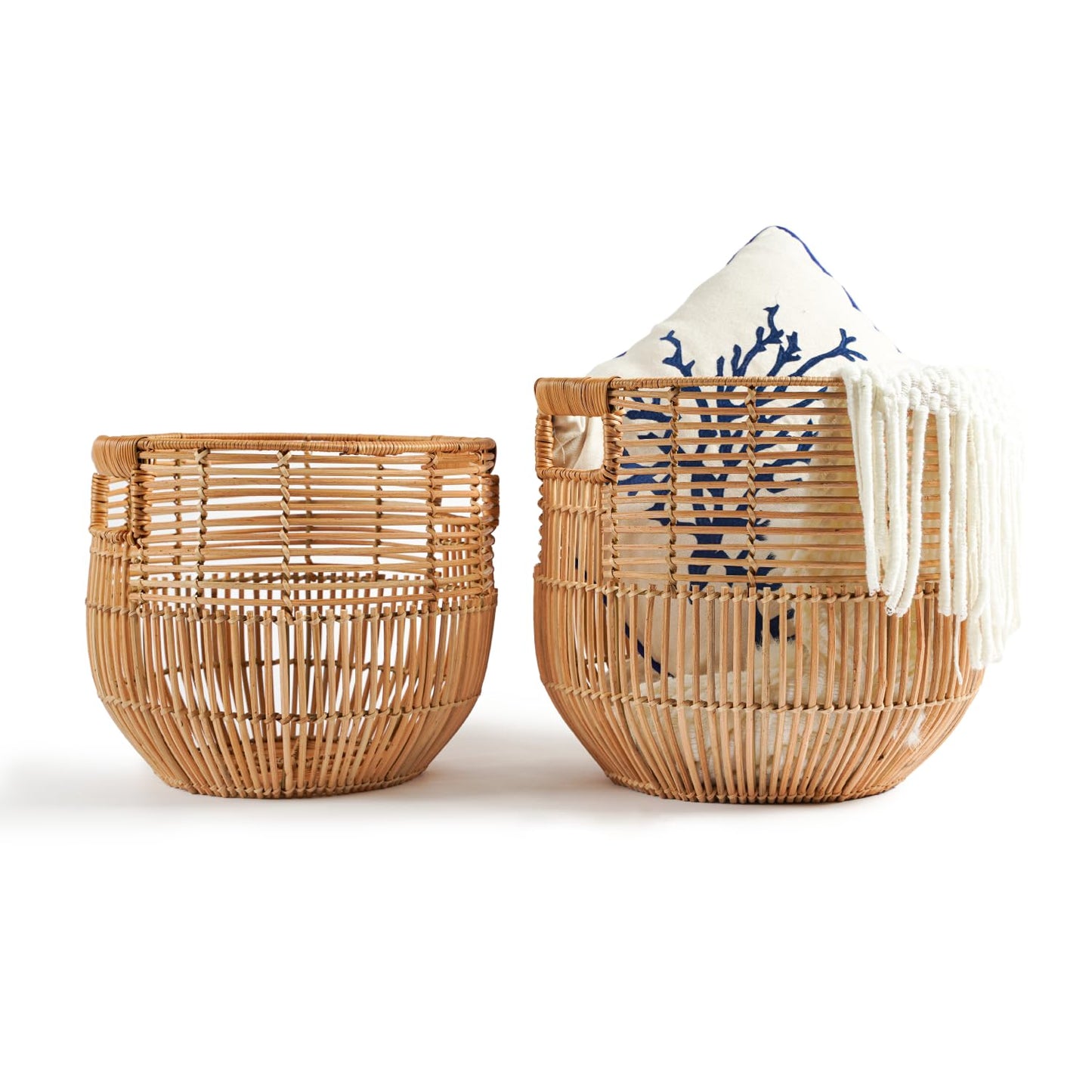 X AVIA HANDICRAFTS Set Of 2 Large Woven Blanket Baskets With Handles | Round Wicker Rattan Storage Floor Baskets for Shoe In Living Room | Extra Big Boho Rattan Laundry For Pillow, Blanket