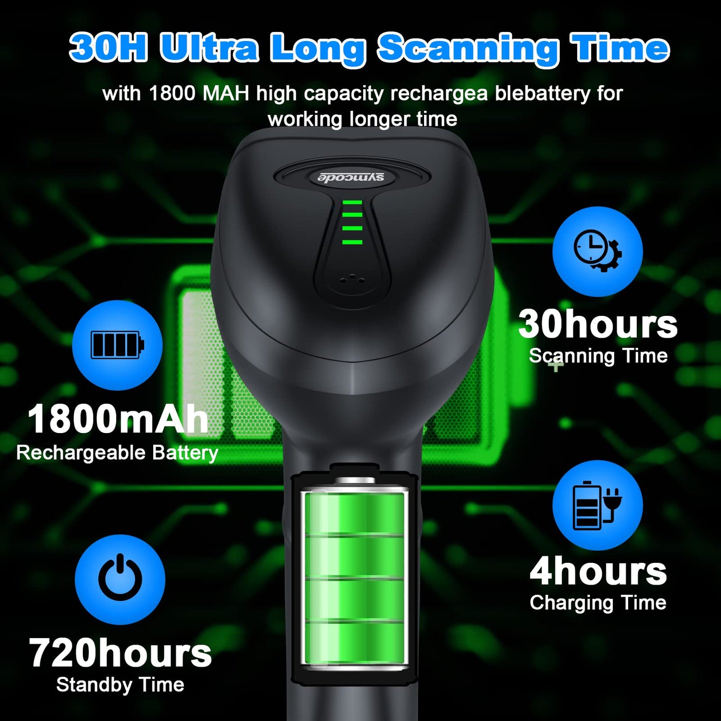 Symcode Bluetooth Wireless Barcode Scanner with Auto-Sensing Stand,Putting on Stand to Scan Automatically Sense Scanning 2D QR Bluetooth Barcode Scanner with Battery Level Indicator More-to-one Mode