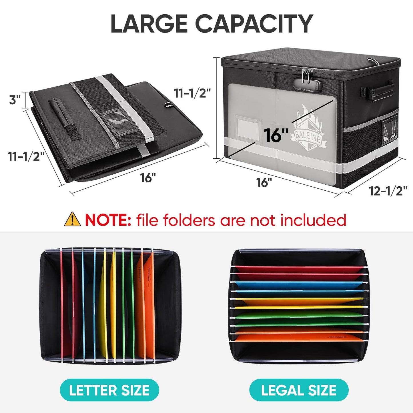 BALEINE Fireproof Document Box with Lock, Portable Fireproof Document Bag Waterproof Fire Proof File Boxes for Documents, File Organizer Box for Important Paperwork (Black, 16''x12.5''x11.5'')