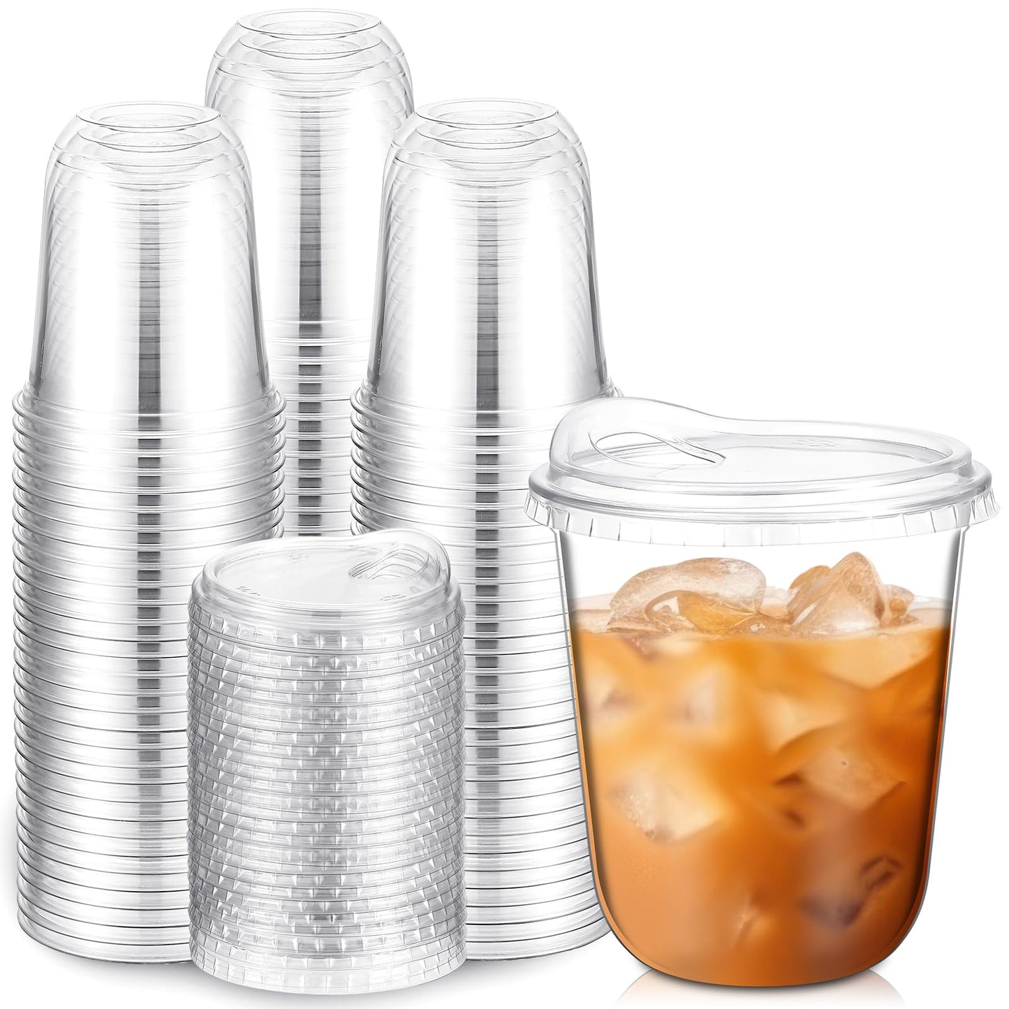 Baderke Clear Plastic Cups with Strawless Sip Lids Disposable Round Bottom Togo Cups for Coffee Smoothie Cold Beverage Coffee Shops and Party Catering(12 oz,100 Pcs)