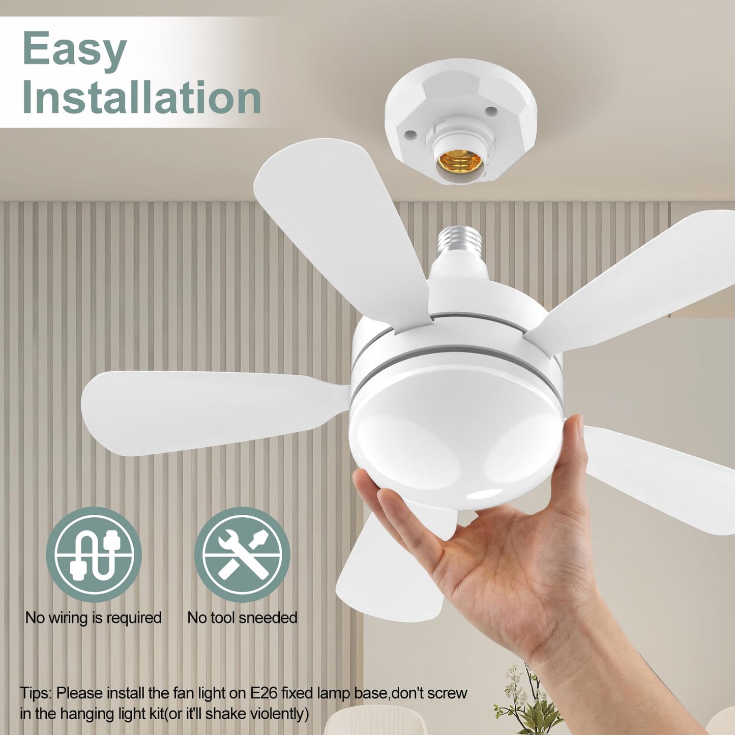 WZZIW 17.7" Socket Fan Light, 3000 Lumens Small Ceiling Fans with Lights and Remote, E26/E27 Light Bulb Fan with Reversible Motor, Dimmable 3000K-6500K Light Socket Fan for Bedroom Kitchen Garage