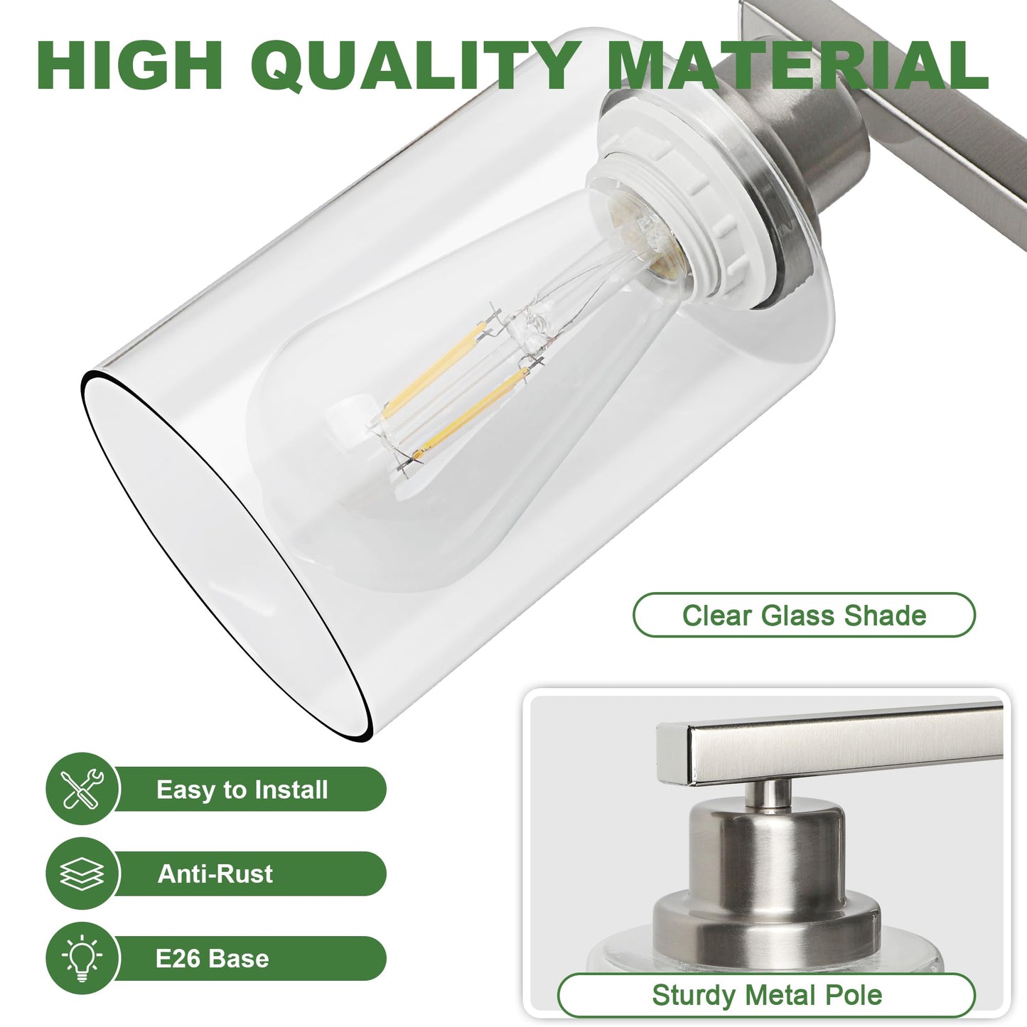 Ascher Bathroom Light Fixtures, 4-Light Vanity Lights with Clear Glass Shade, Modern Brushed Nickel Wall Light for Mirror Bedroom Hallway Cabinet Porch
