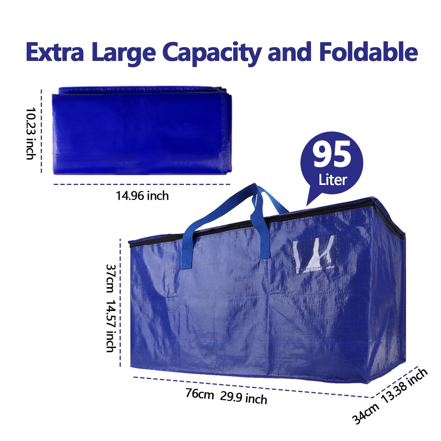 10 Pack Waterproof Moving Bags with Strong Zippers and Reinforced Handles, Real 100lb Capacity Extra Heavy Duty Large Storage Totes for Packing & Moving Storing, Alternative to Moving Boxes -95L,Blue