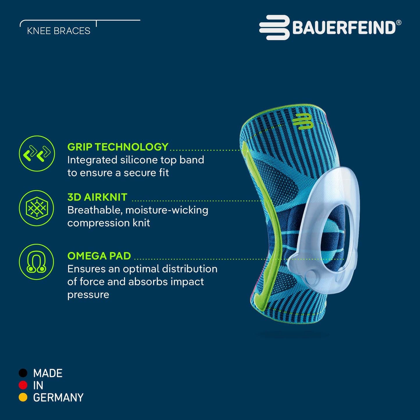 Bauerfeind Sports Knee Support - Knee Brace for Pain Relief and Stabilization - Patellar Knee Pad for Enhanced Support - Targeted Compression - Lightweight & Durable (Black/Blue, L)
