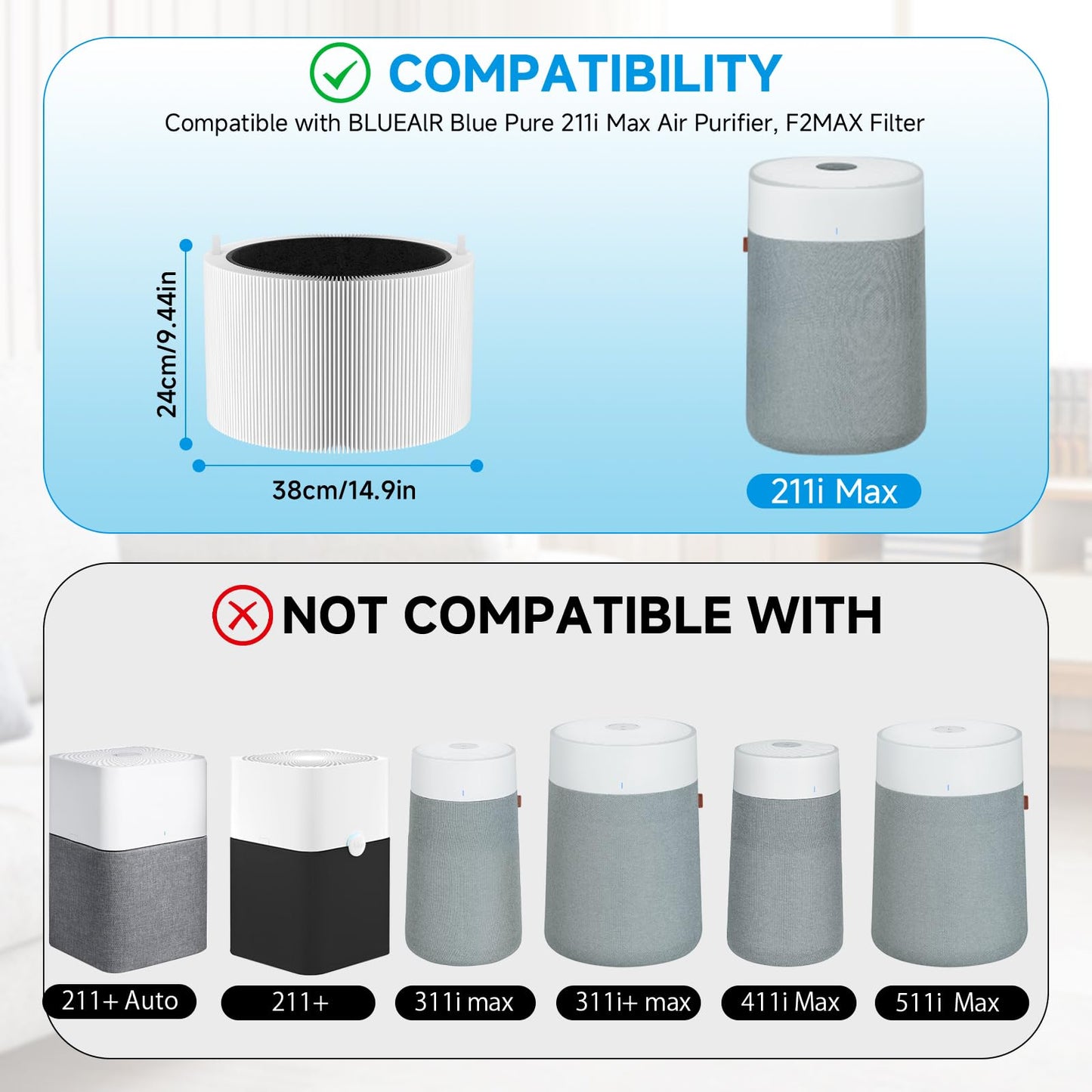2-Pack Blue Pure 211i Max Replacement Filter Compatible with Blueair 211i Max Air Purifier, 3-IN-1 Ture H13 HEPA & Activated Carbon Replacement Air Filter, Compared part #F2MAX