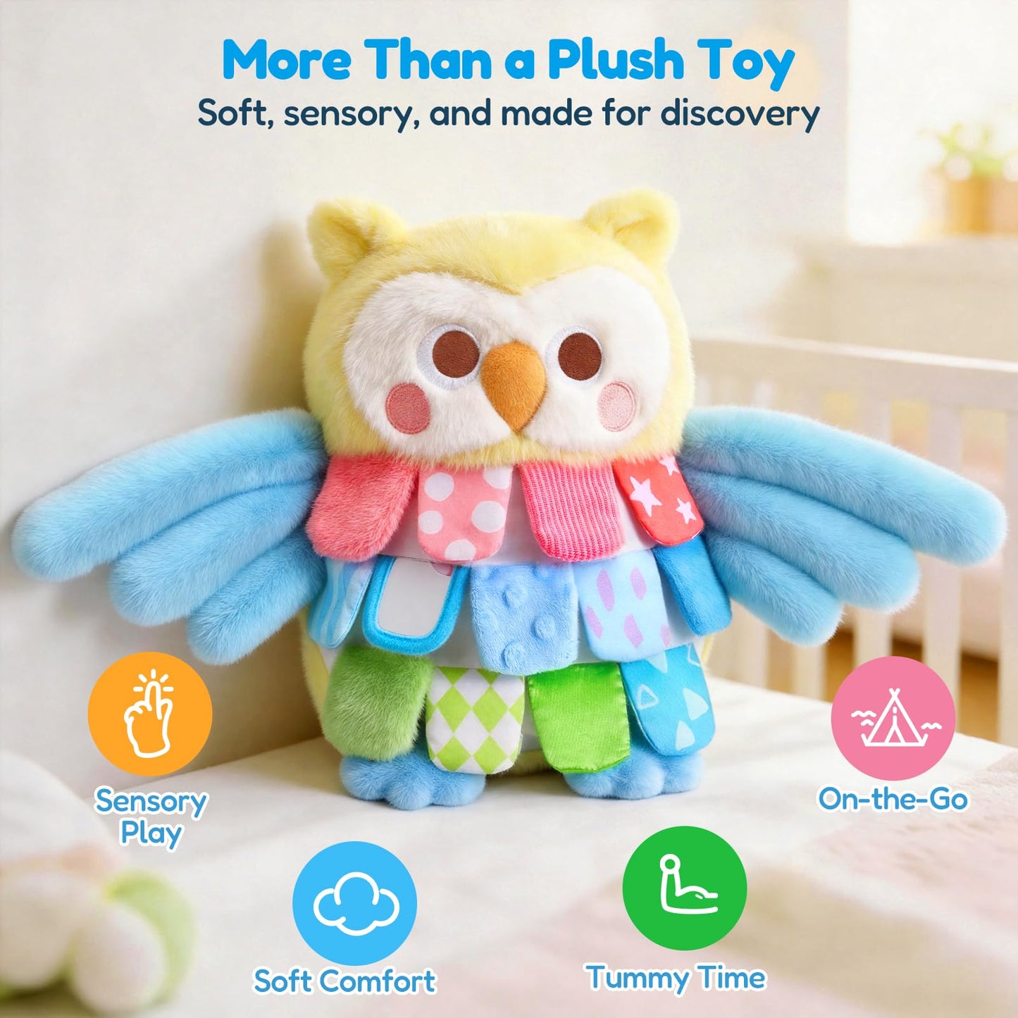 JoyCat Flip Owl Stuffed Animal, Soft Baby Sensory Toy with Multi-Textured Crinkle, Squeaker & Baby Mirror, Infant Tummy Time Toy for 0-9 Months, Newborn Baby Boy Girl Gift