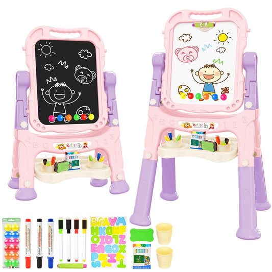 Amagoing Easel for Kids, Adjustable Standing Art Easel for Toddler, Double Side Magnetic Chalk Board with Painting Accessories, Birthday Christmas Gift for Little Boys and Girls Age 3-5, Pink