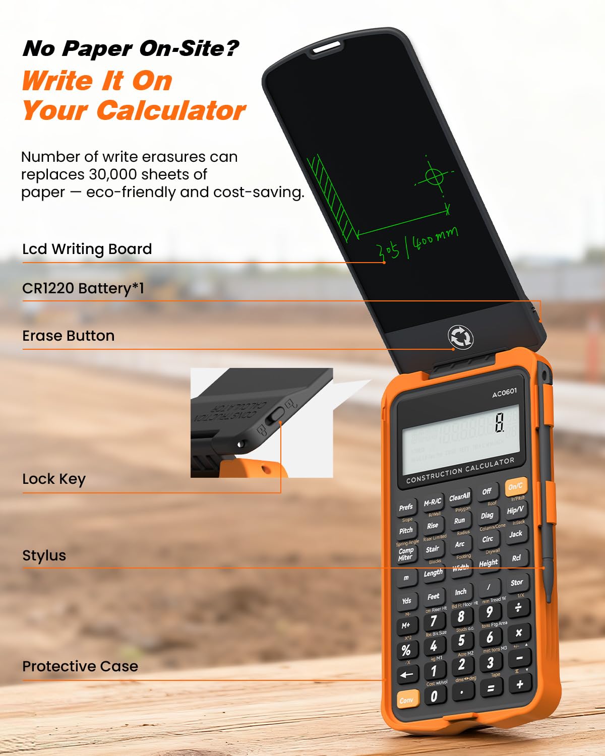 Construction Calculator with Writing Tablet Industrial & Scientific ROATEE Engineering Calculator for Contractor, Concrete Pocket Feet-inch-Fraction Calculators for Carpenter, Framer, Remodeler