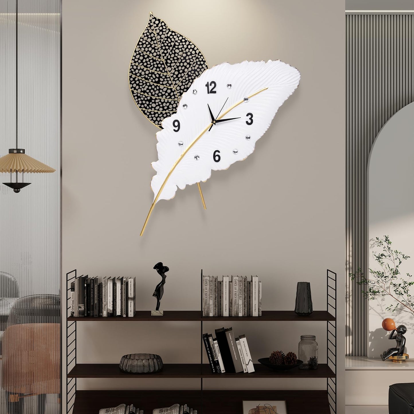 Anmotpe 18x27 inch Large Modern Feather Leaf Shape Wall Clock for Living Room Decor, White Unique Silent Decorative Art Clock for Home Bedroom Office Dining Kitchen