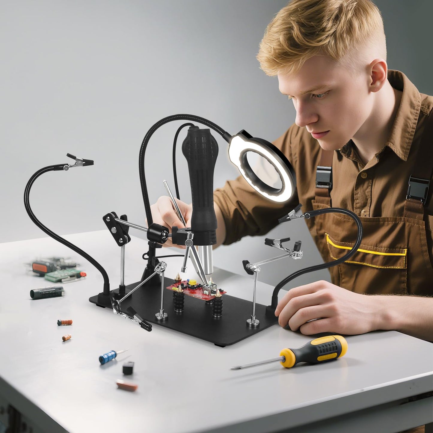 NOEVSBIG Helping Hands Soldering Station with Upgraded 5X Magnifying Lamp, 360° Soldering Clamp, 4 PCB Holders, Extra-Large Base & 4 Sturdy Flexible Arms, Hands-Free Tool for Soldering, Jewelry Crafts