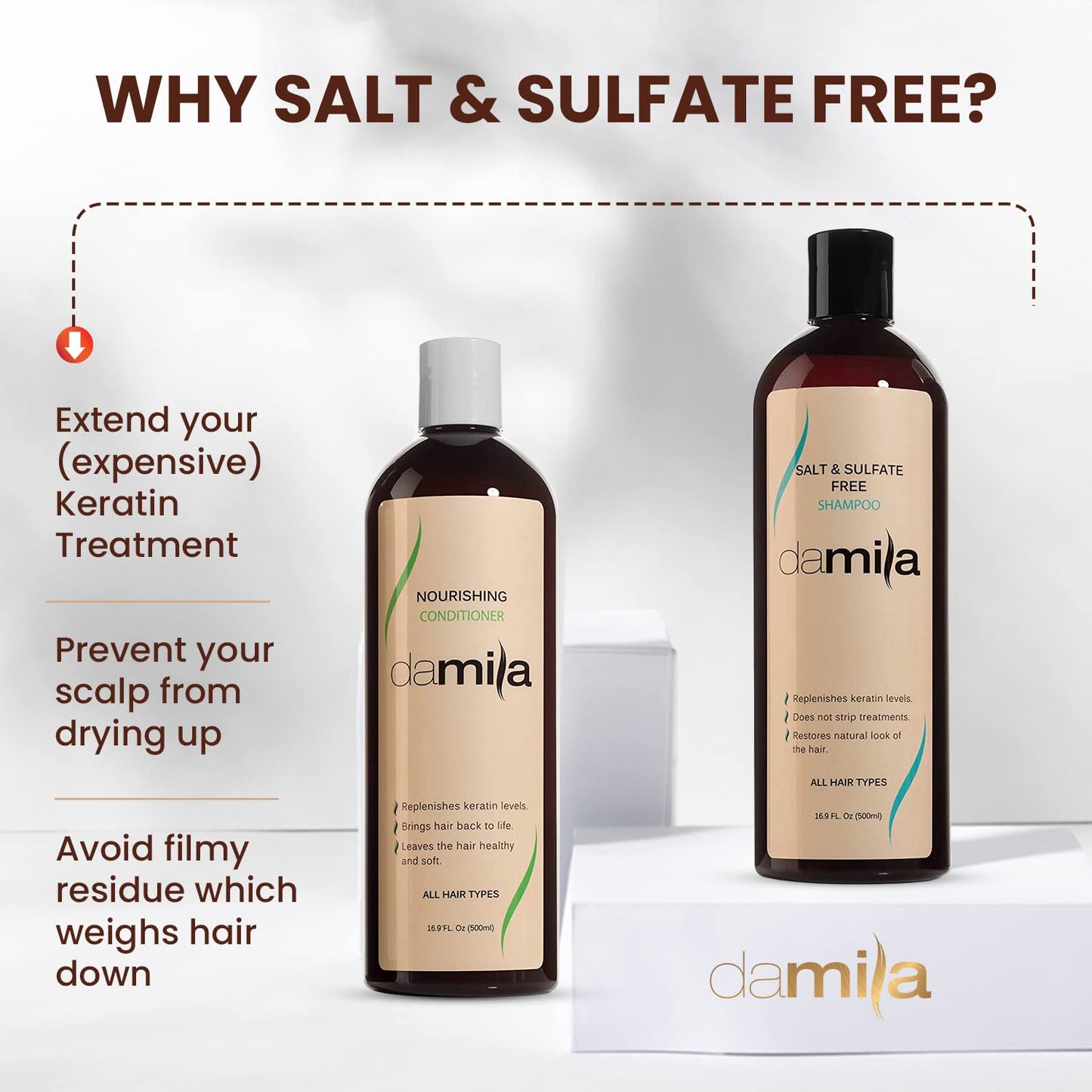 Damila Salt & Sulfate Free Shampoo & Conditioner for Keratin and Color Treated Hair - Professional Keratin Value Pack for Damaged, Frizzy, Curly, Dry & Thin Hair - Shampoo Sin Sal - 33.8 Fl Oz