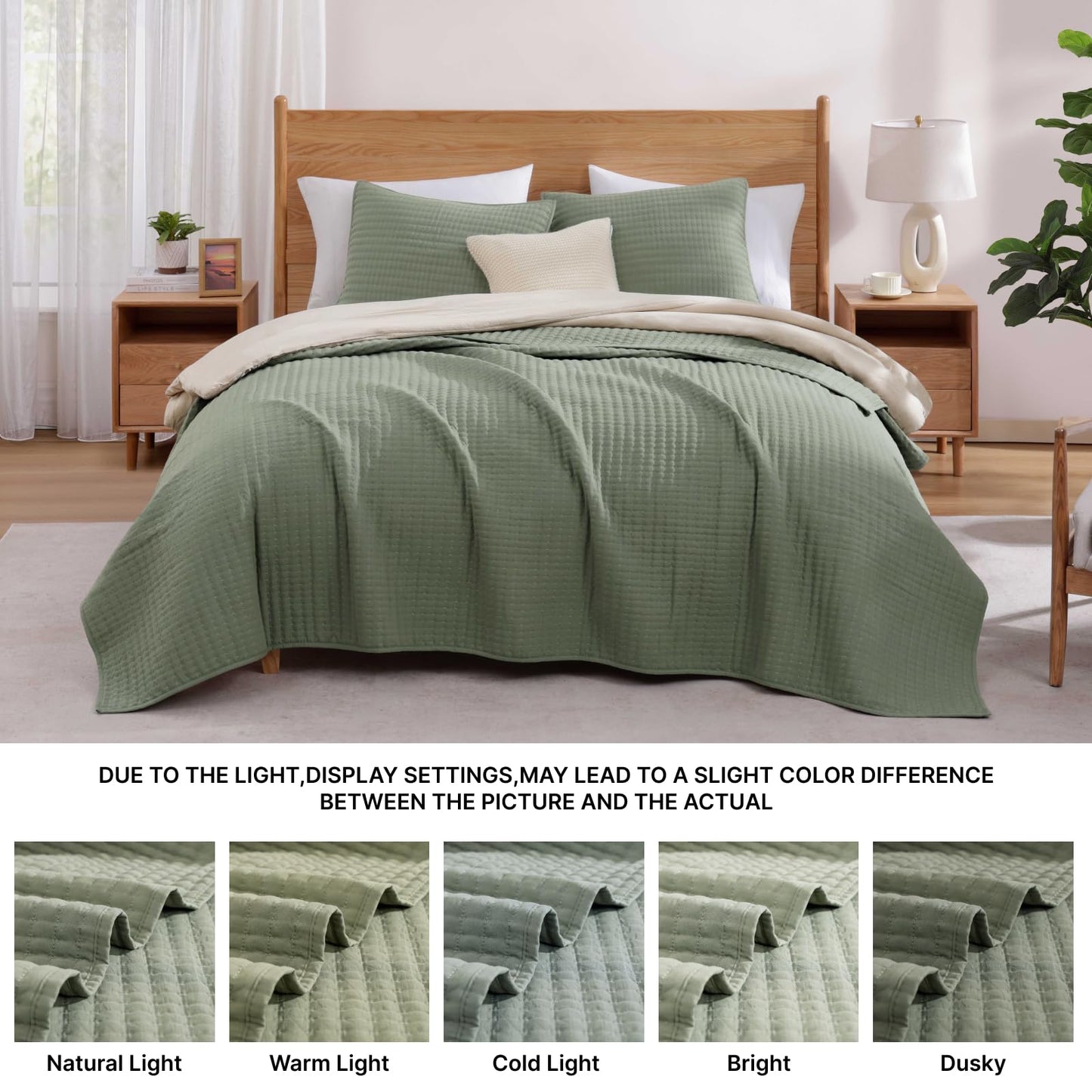 WRENSONGE King Size Quilt-3 Pieces Lightweight Bedspreads Sage Green King Quilt Bedding Set for All Seasons, Soft Summer Coverlet with 2 Pillow Shams Suitable for Bed, Couch, Quilt Blanket