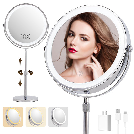 10x Lighted Makeup Mirror, Vanity Mirror with Lights，Rechargeable 9" Height Adjustable Vanity Mirror, 1x/10x Magnifying Mirror with 3 Color, Brightness Adjustable, 360° Rotation Double Sided Mirror