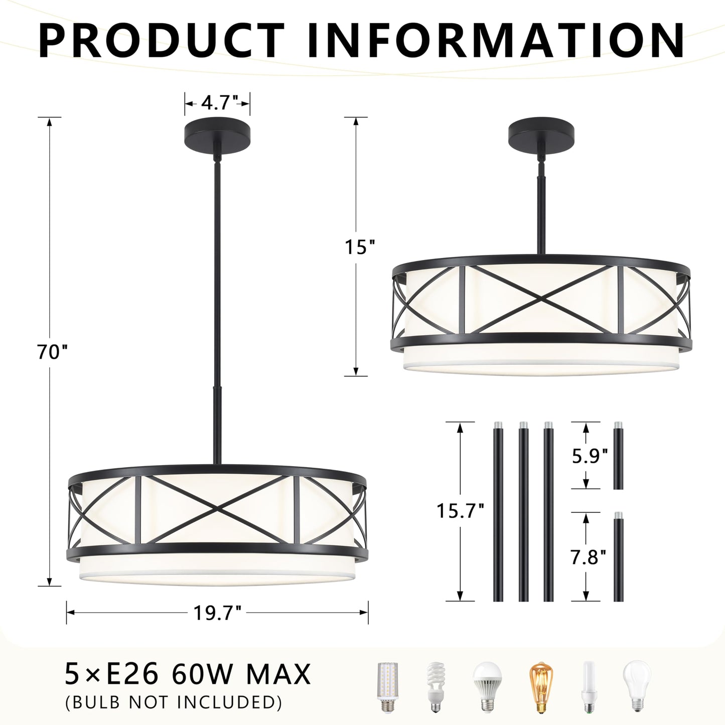 19.7'' Black Drum Chandelier, 5-Light Modern Drum Farmhouse Chandeliers for Dining Room Light Fixture Hanging Pendant Light with White Fabric Shade for Kitchen Living Room Foyer Entryway Bedroom