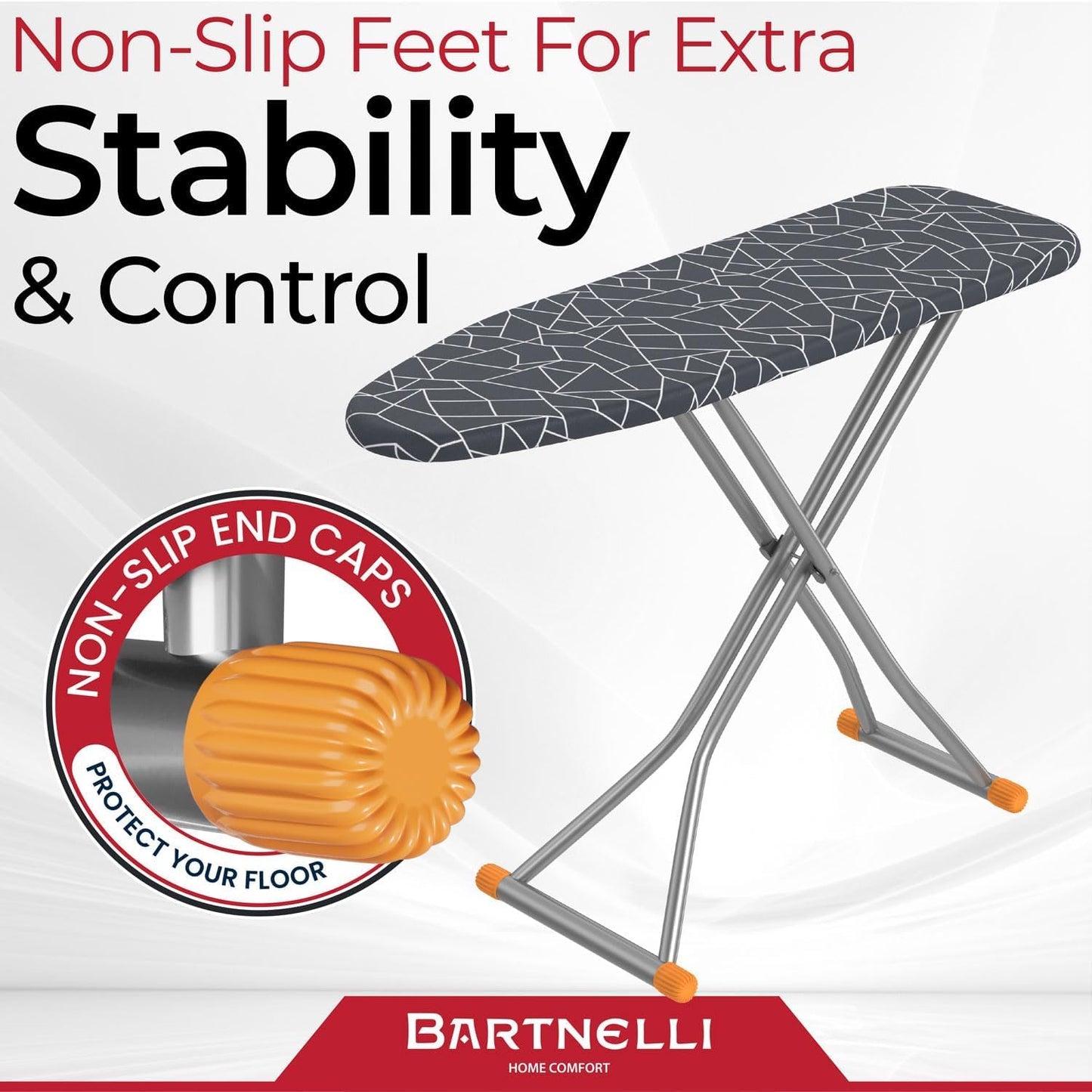 Bartnelli Compact Ironing Board, 13x43 Space-Saving Steel Foldable Iron Board, 4 Layer Cotton Cover, Adjustable Height, Bonus Hanger and Silicone Iron Pad