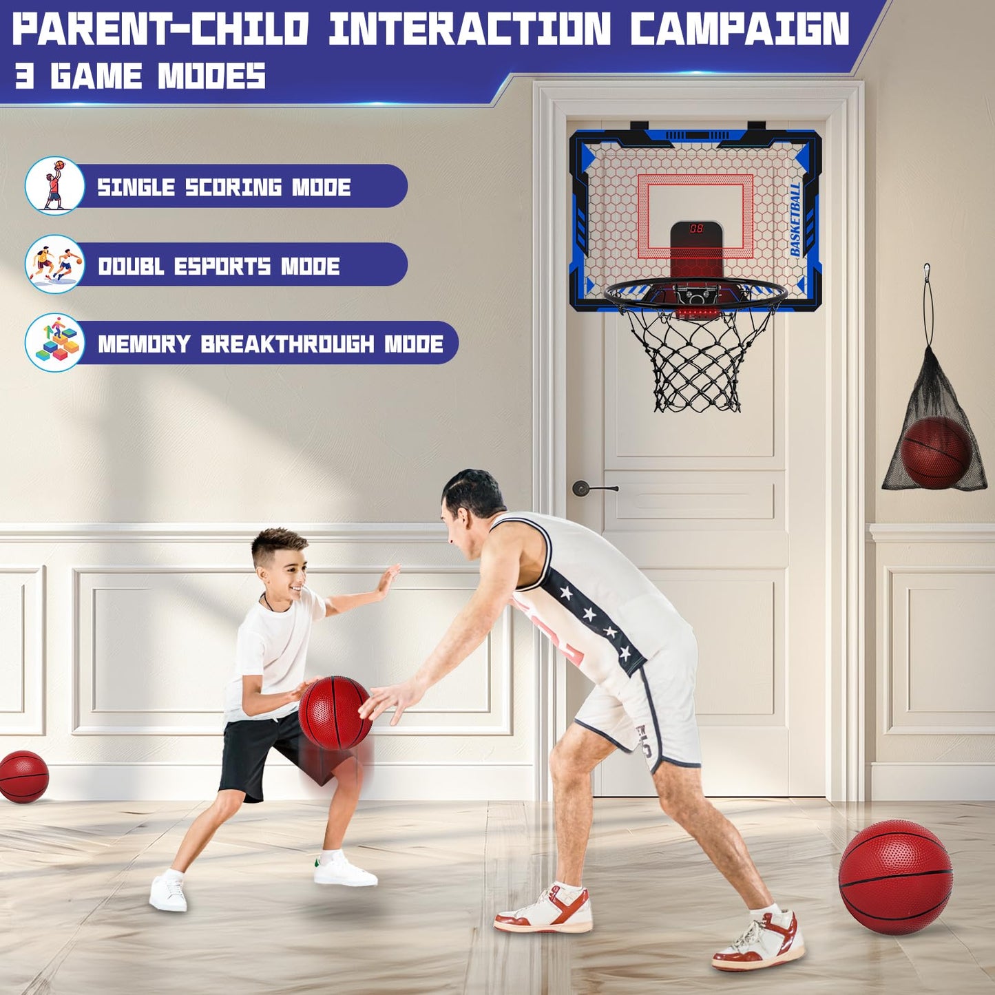 Remote Control Basketball Hoop Indoor for Kids-Over The Door Basketball Hoop with LED Light, Scoreboard, 4 Balls, Air Pump, Bag, Mini Hoop Gift Sport Toy for Boys Girls 3 4 5 6 7 8 9 10 11 12+, Blue