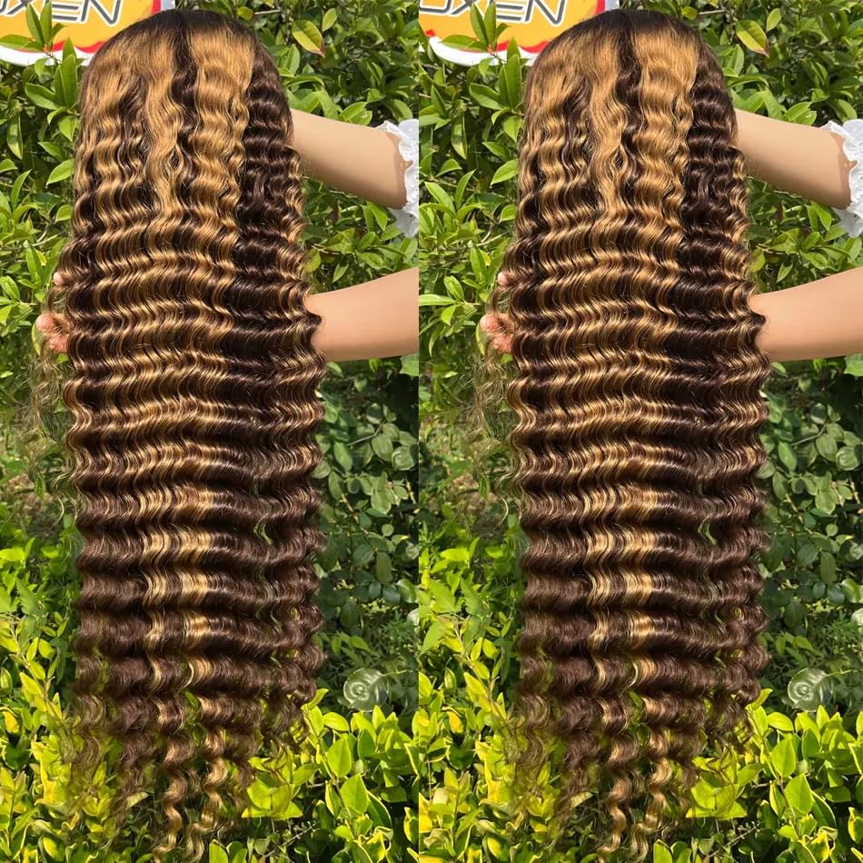 26inch Wear and Go Glueless Deep Wave 4/27 Highlight HD Transparent Lace Front Wigs Human Hair Wet and Wavy Curly Lace Frontal Wigs Pre Plucked with Baby Hair 200% Density