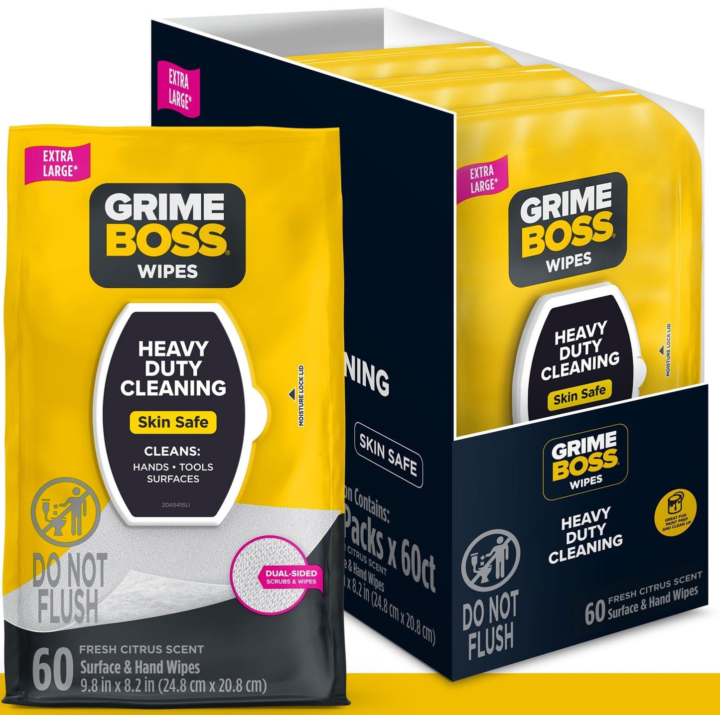 Grime Boss Heavy Duty Surface and Hand Wipes (4x60ct) | Wet Wipe Remove Paint, Oil, Grease, Adhesives, Mud, Dirt | Shop Rag Replace Cleaners like Rags, Towels, Pumice, Soap