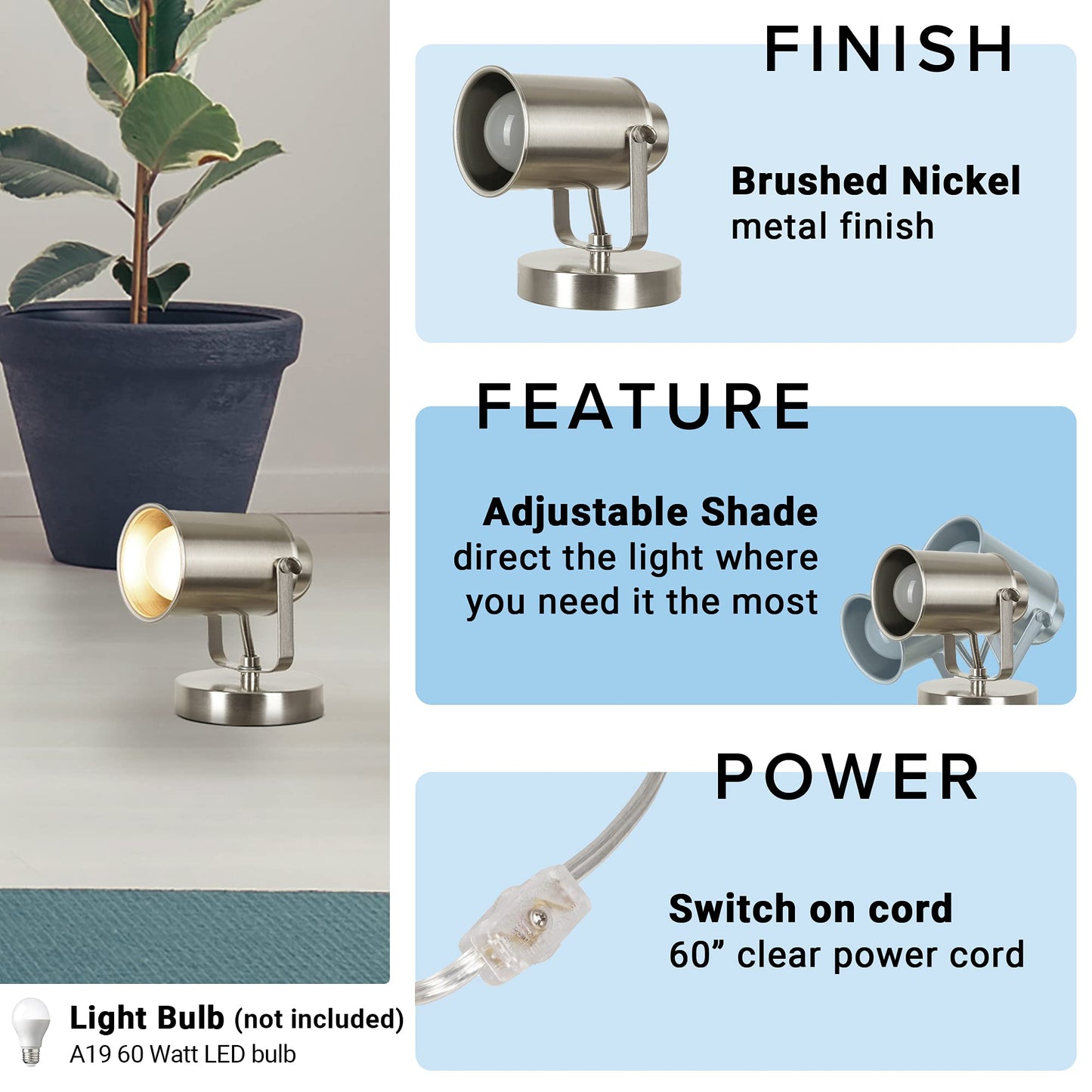 Catalina Lighting Modern Multipurpose Spotlight Desk or Wall Mount Accent Lamp, 6", Brushed Nickel, Pack of 1