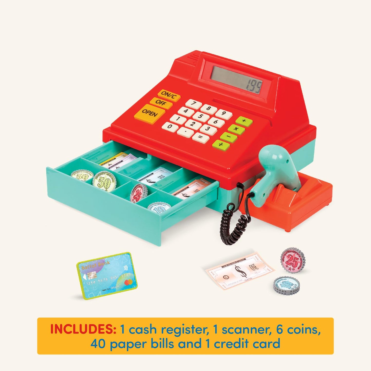 Battat – Toy Cash Register For Kids, Toddlers – 49Pc Register With Toy Money, Credit Card, Scanner– Pretend Play Toy – 3 Years + – Red Calculating Cash Register With Scanner