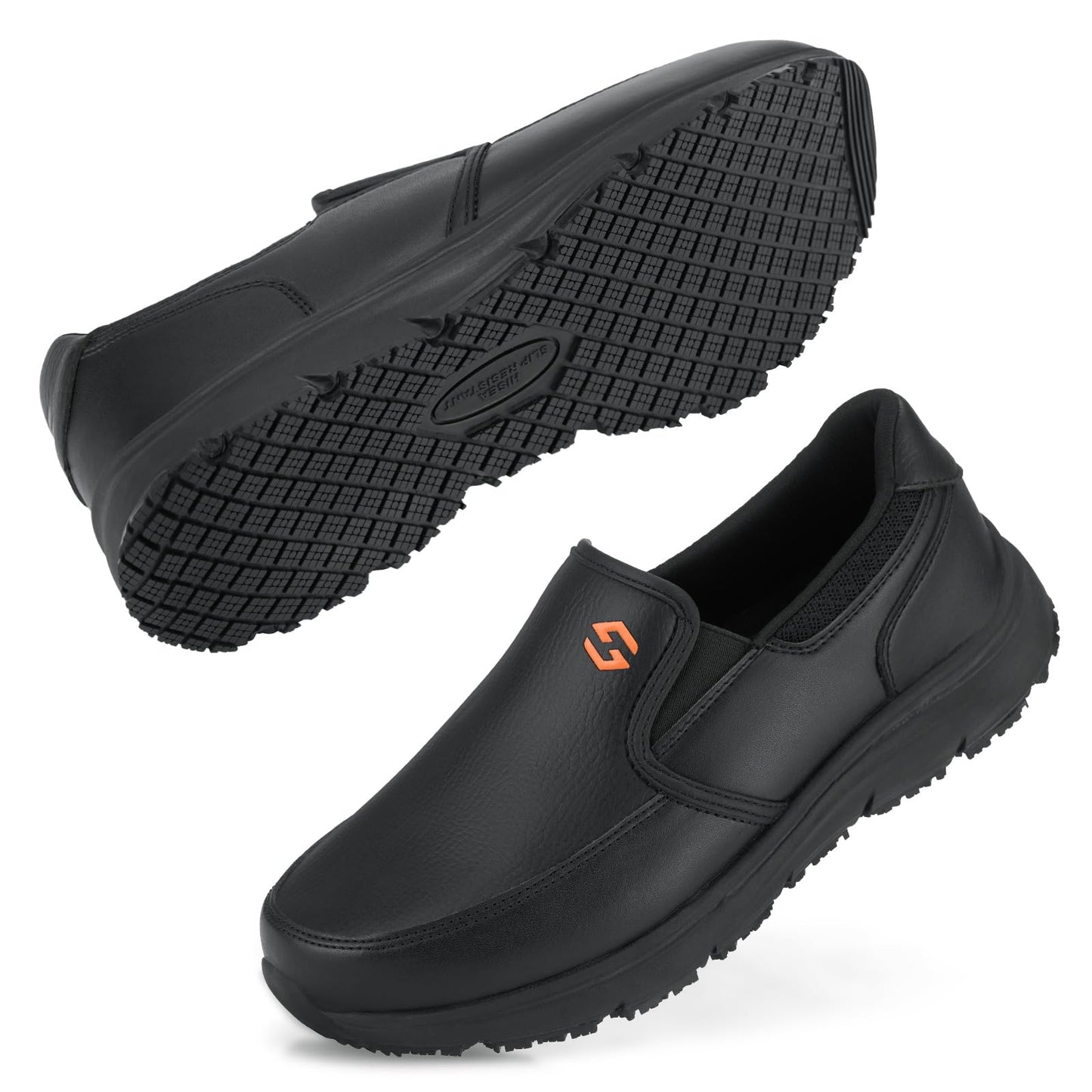 HISEA Men's Leather Non Slip Food Service Shoes, Water & Oil Resistant, Comfortable, Breathable, Lightweight Slip Resistant Shoes for Men, for Kitchen, Restaurant, Slip-on Chef Walking Shoes Black