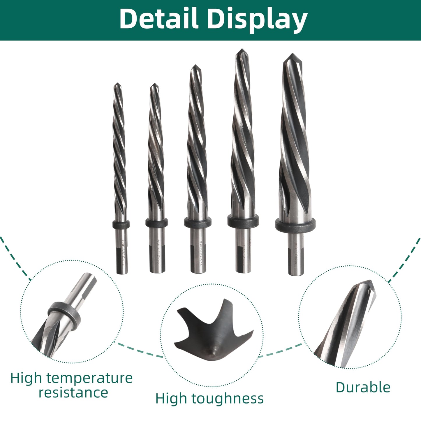 5PCS M2 HSS Taper Chucking Reamer Set 3/8",1/2",5/8",3/4",1 Fit 1/2" Round Shank Construction Reamer Drill Bit Bridge Also for Wood Alloy Steel Metal Align The existing Hole and Expand The Reamer