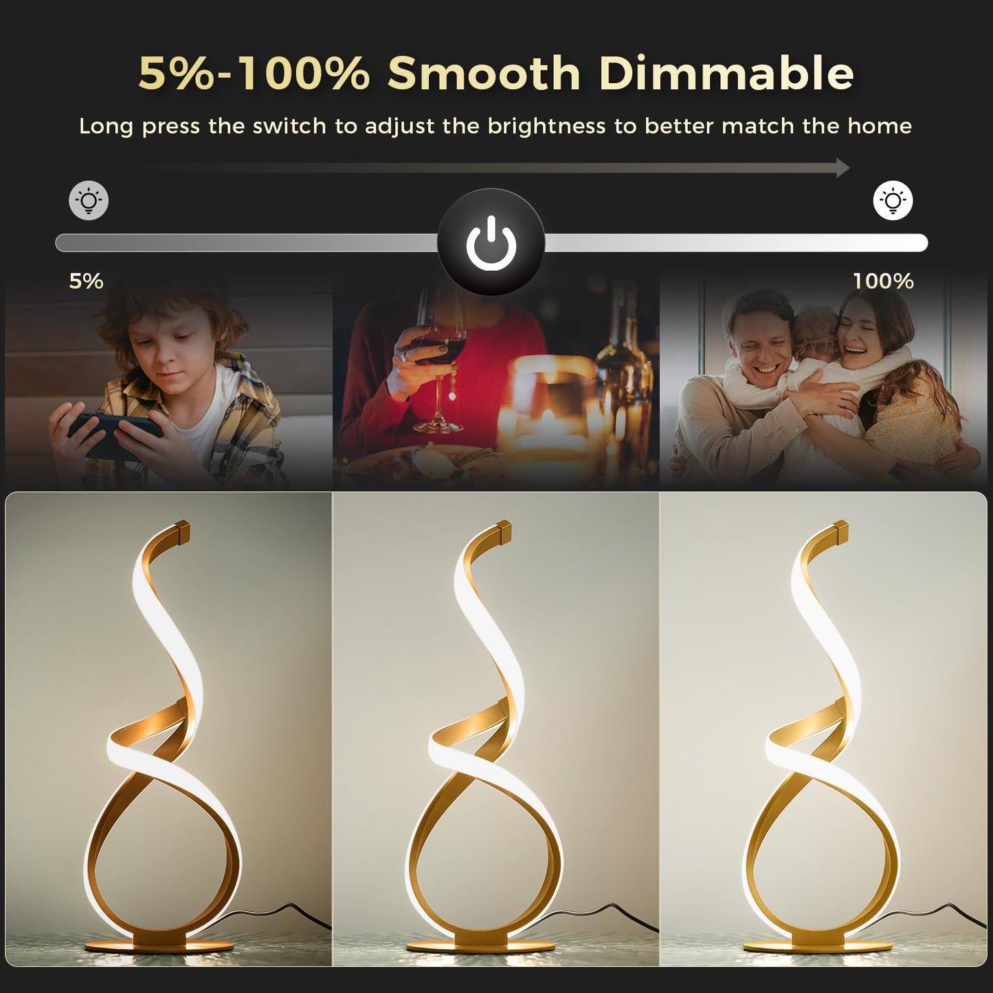 JIOODICH. Bedside Table Lamp, LED Touch Dimmable Spiral Desk Lamp for Night Stands, 3 Color Temperature Modern Nightstand Light, Unique Side Light for Living Room, Bedroom, Gold