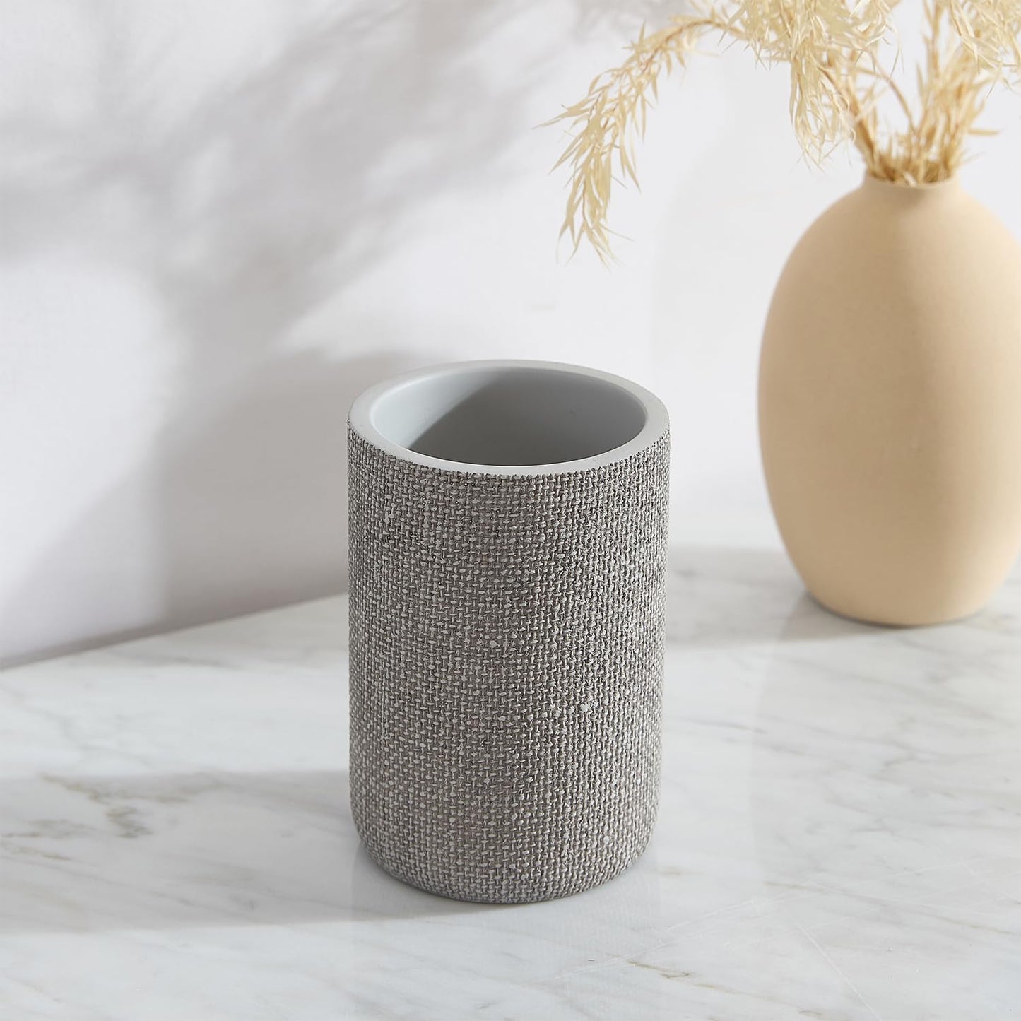 Tahari Home - Bathroom Set, Resin Countertop Accessories, Includes Toothbrush Holder, Tumbler, Vanity Tray & Lotion Pump, Textured Design (Astor Light Grey, 4-Piece)