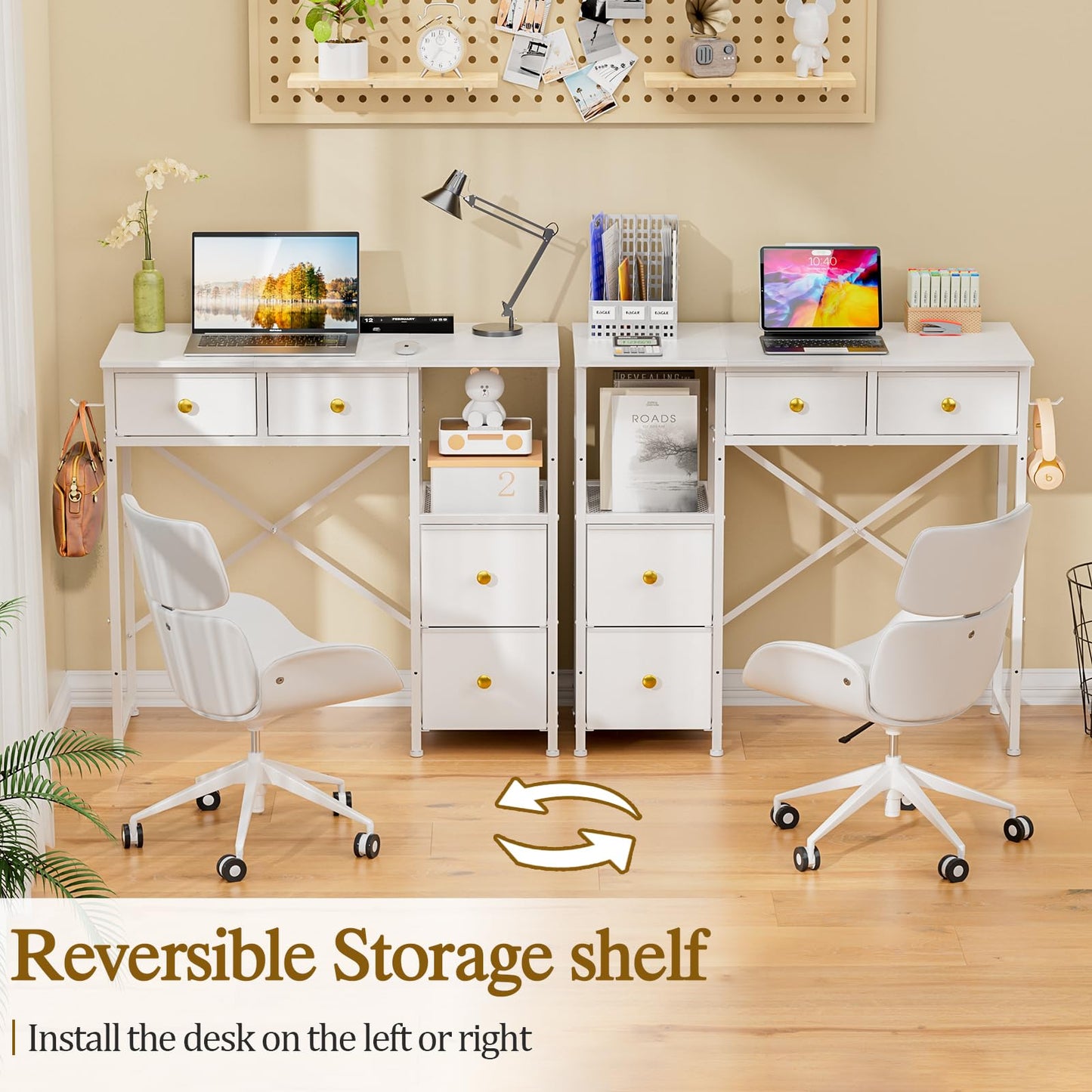 3IngSeagulls Small Computer Desk with 4 Fabric Drawers, Simple Writing Desk for Home Office, Compact Study Desks for Small Spaces, Kids Desk Study for Bedroom, White