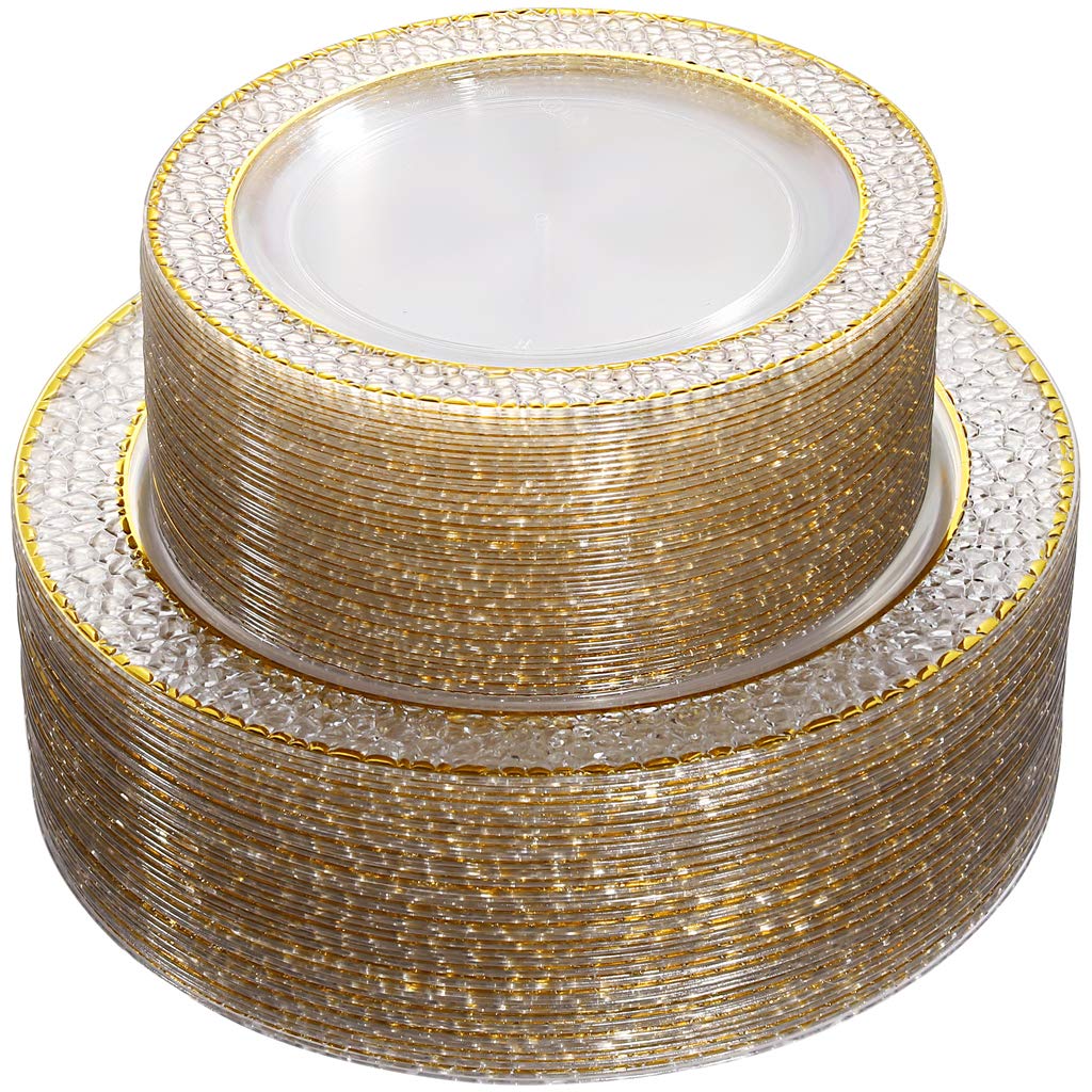 Nervure 102PCS Gold Plastic Plates - Disposable Clear Gold Party Plates Include 51PCS 10.25inch Dinner Plate & 51PCS 7.5inch Dessert Plate Perfect for Wedding & Party & Thanksgiving