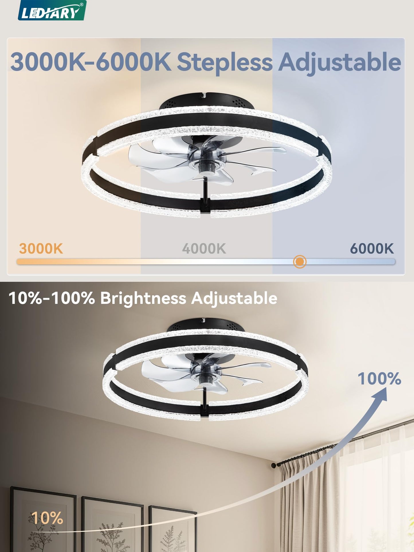 LEDIARY Ceiling Fans with Lights and Remote, 20'' Low Profile Ceiling Fan with Light, 3000-6000K Dimmable Fandelier Ceiling Fans, Modern Flush Mount Fan Light for Bedroom with 6 Wind Speeds- Black