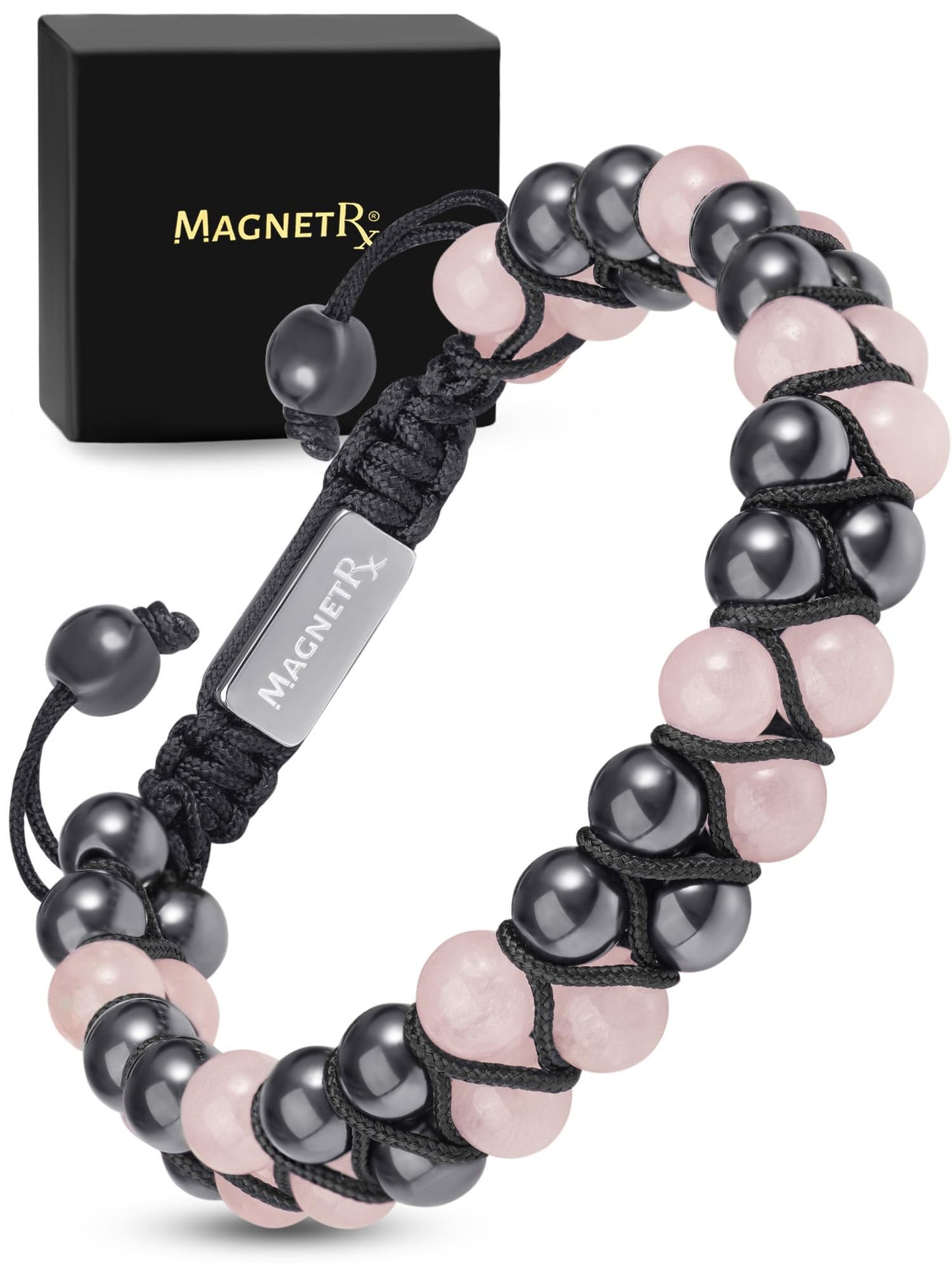 MagnetRX® Hematite & Rose Quartz Bracelet – MAX Strength Magnetic Hematite Bracelets – Natural Rose Quartz Crystals Pink Beaded Bracelets for Women