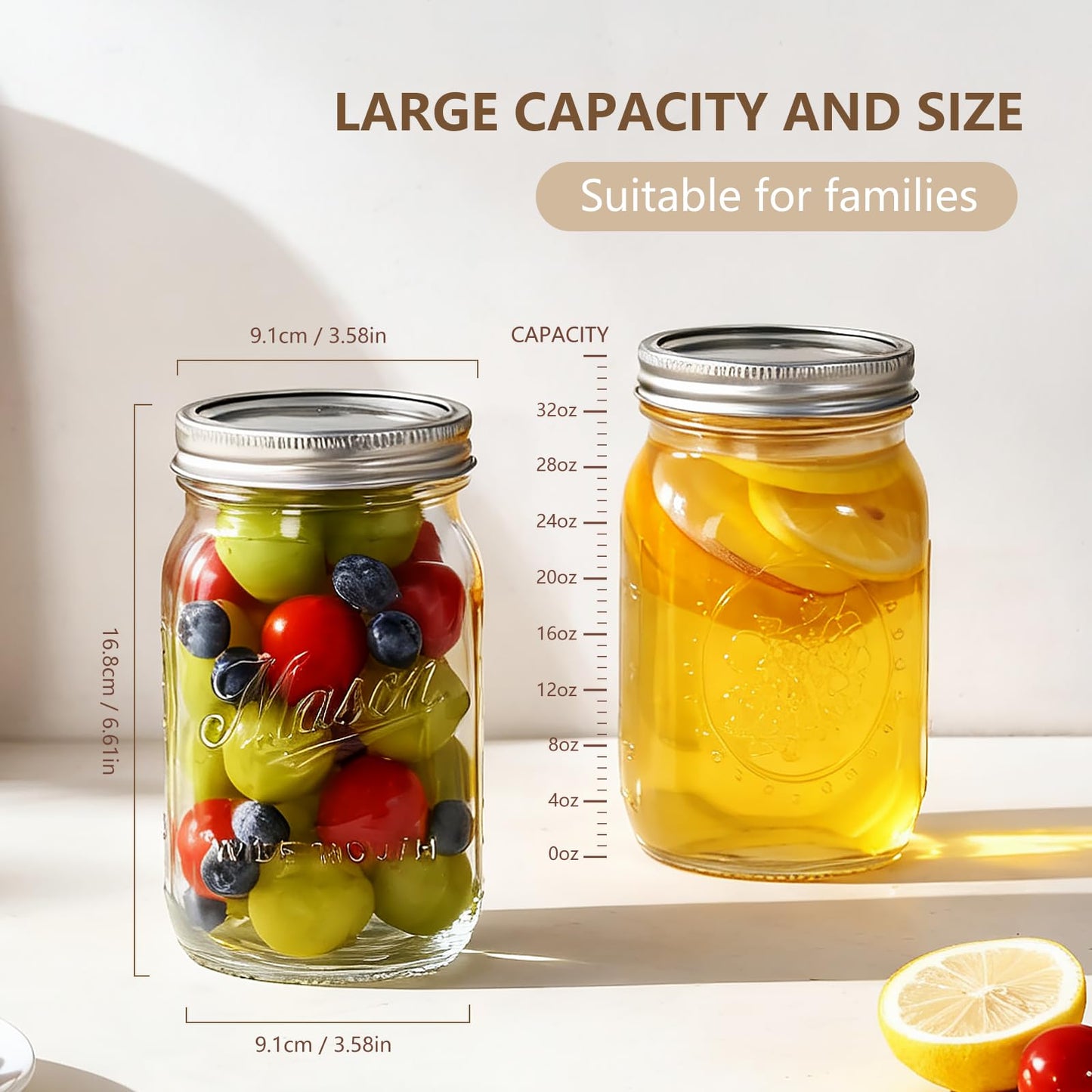 Dralaw Mason Jars 32 oz,12 Pack Large Wide Mouth Mason Jar with Airtight Lids and Bands|Quart Glass Canning Jars for Pickling, Fermenting and Food Storage Microwave&Dishwasher Safe (12pack)