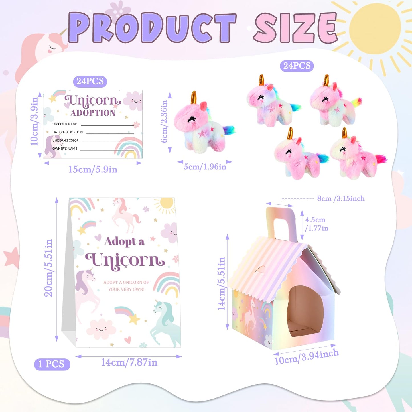 Blueweenly 73 Pcs Adopt a Unicorn Party Favors Set for Girl Mini Plush Unicorn Stuffed Animal Gift Box Adoption Card 1 Animal Sign with Carton House for Adopt Pet Party Birthday (Gradient Closed Eye)