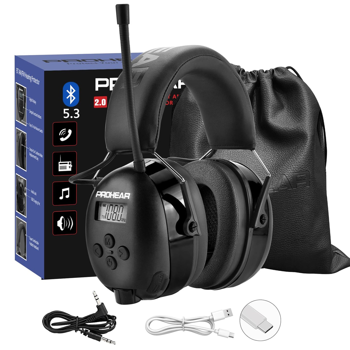 PROHEAR 033 AM FM Bluetooth 5.4 Radio Headphones - USB C Rechargeable 2000mAh Battery - Radio Headset Hearing Protection 31dB SNR - 48Hrs Playtime - Ear Protector for Mowing Lawn, Gifts for Father