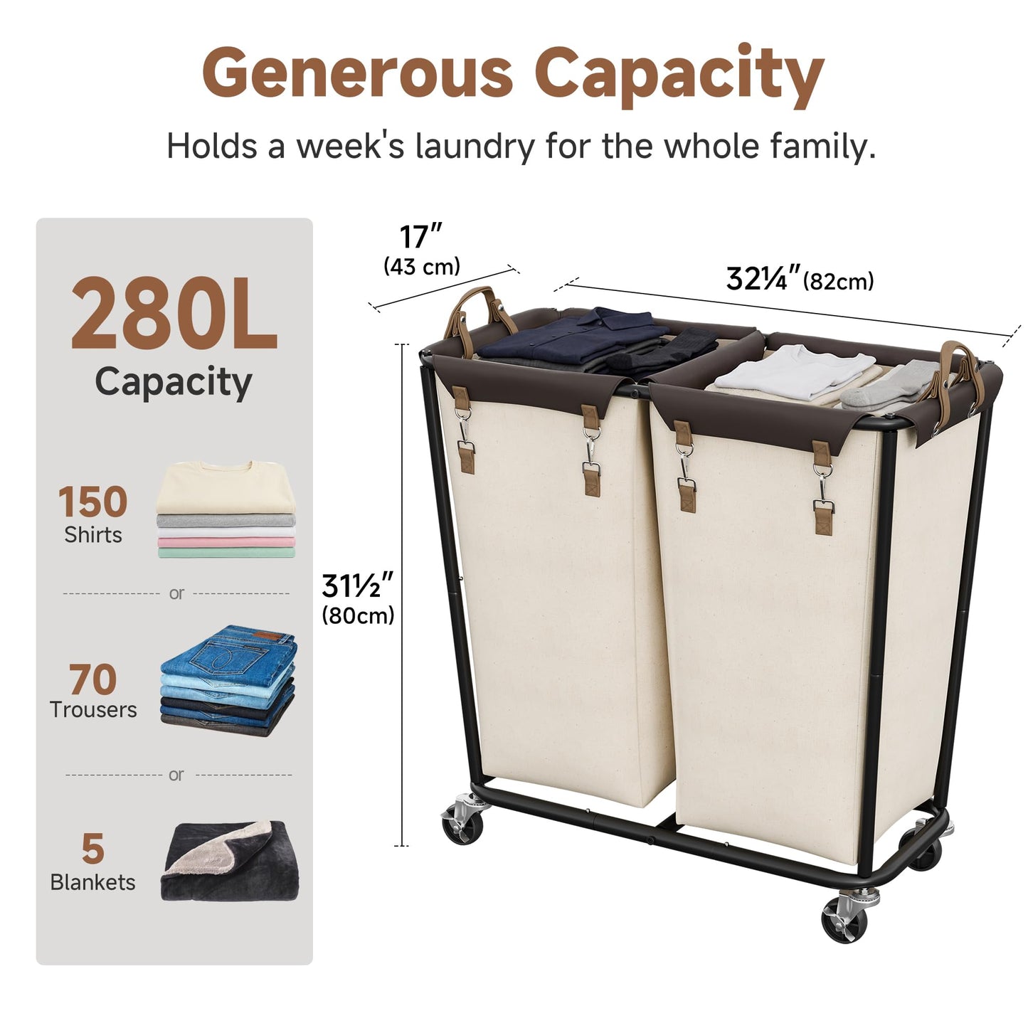StorageWorks 280L Large Laundry Hamper with Wheels, Laundry Basket with Wheels 2 Sections, Clothes Sorter Cart with Divider for Hotel, Home, Beige, 1-Pack
