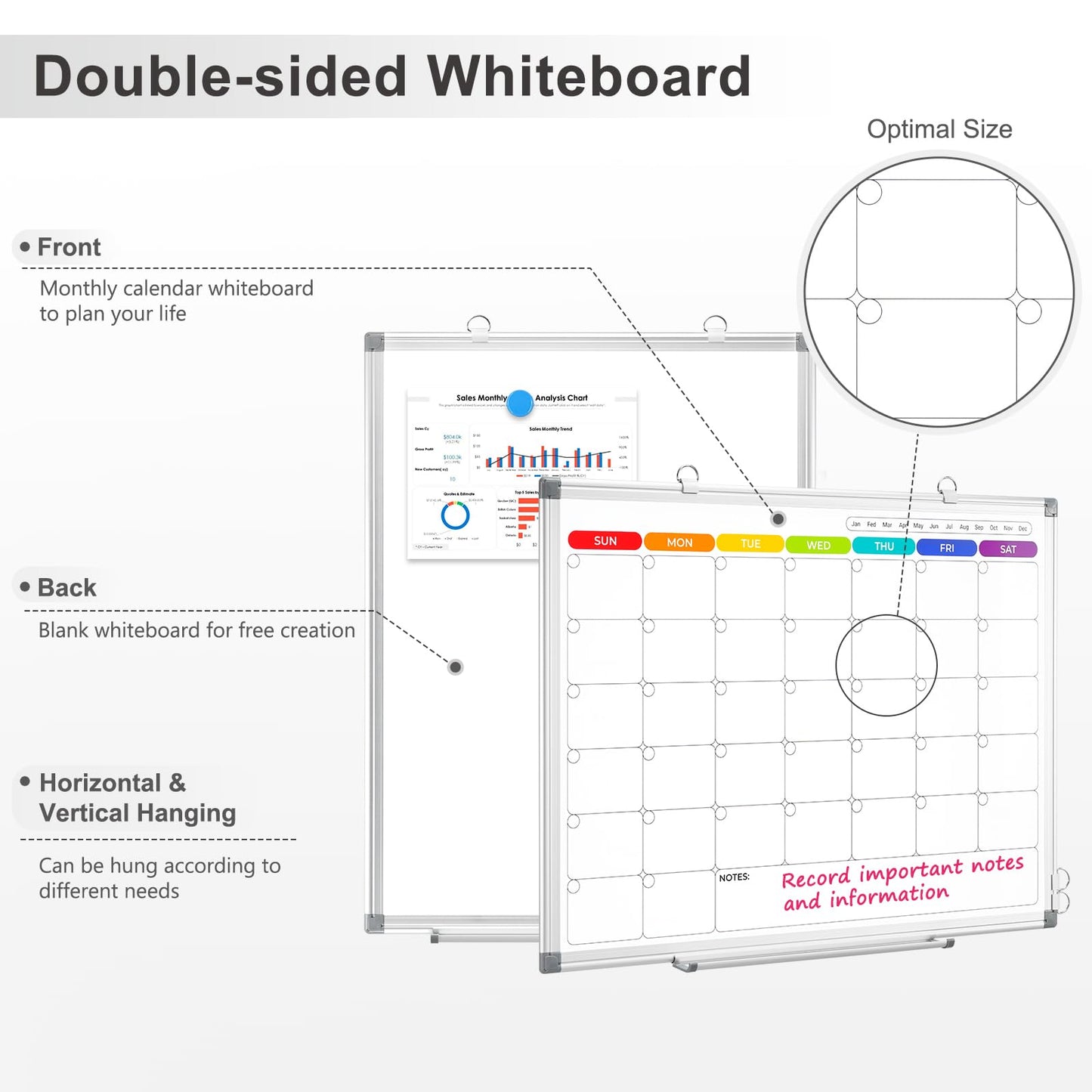 AMUSIGHT Dry Erase Board Calendar for Wall, 24" x 18" Magnetic Whiteboard Calendar, Colorful Monthly Calendar Whiteboard, Double-Sided Hanging Aluminum Frame White Board for Home, School, Office
