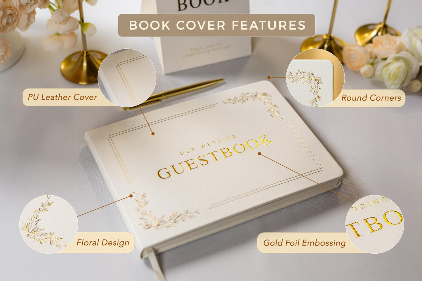 Modern Album Designs Floral Embossed Wedding Guest Book Set - 9 x 7.5 Hardcover Guestbook for Wedding Reception Sign in, Messages, Bridal Shower Engagement Party (White Cream)