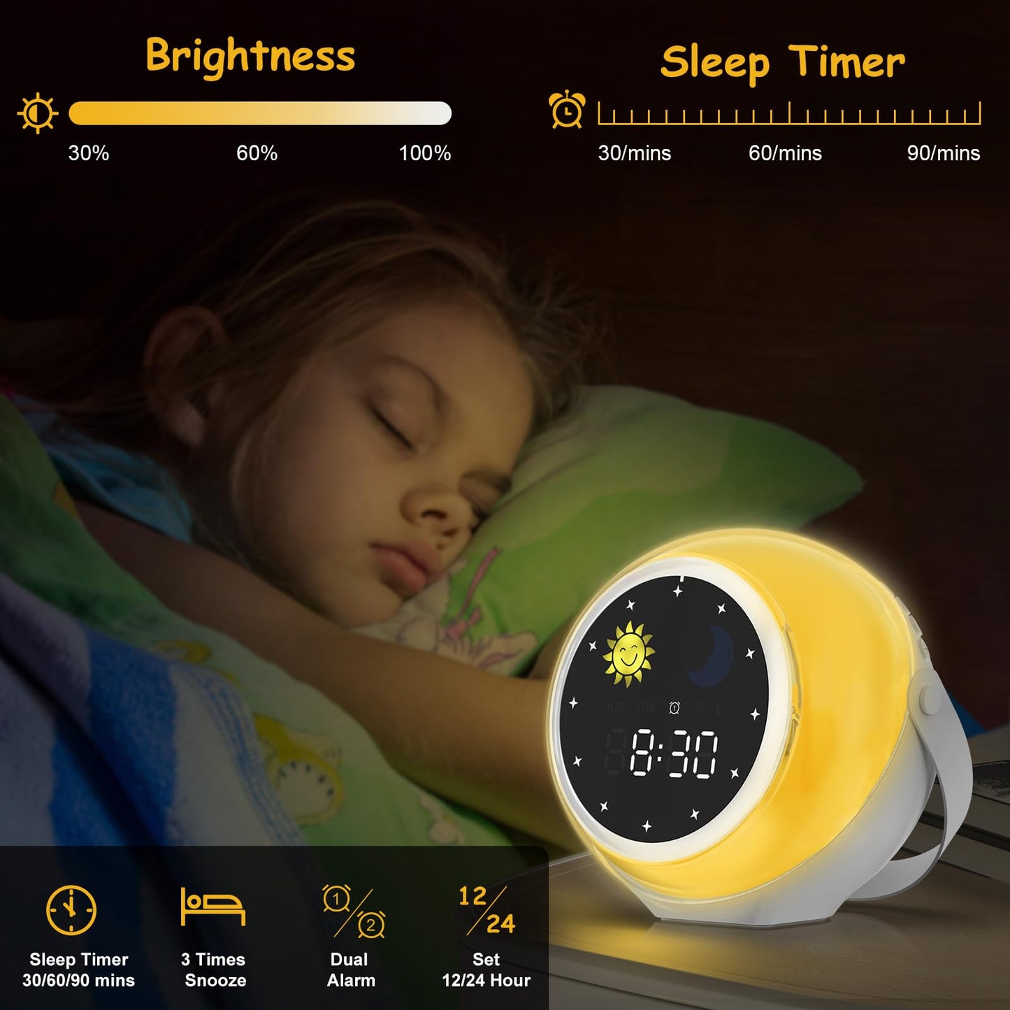 Mulukiss Alarm Clock for Kids, Bluetooth Music Player&Digital Clock, Sleep Sound Machine for Kids Bedroom, Kids Alarm Clock Sleep Trainer with Wake up Light, Ok to Wake Clock for Kids