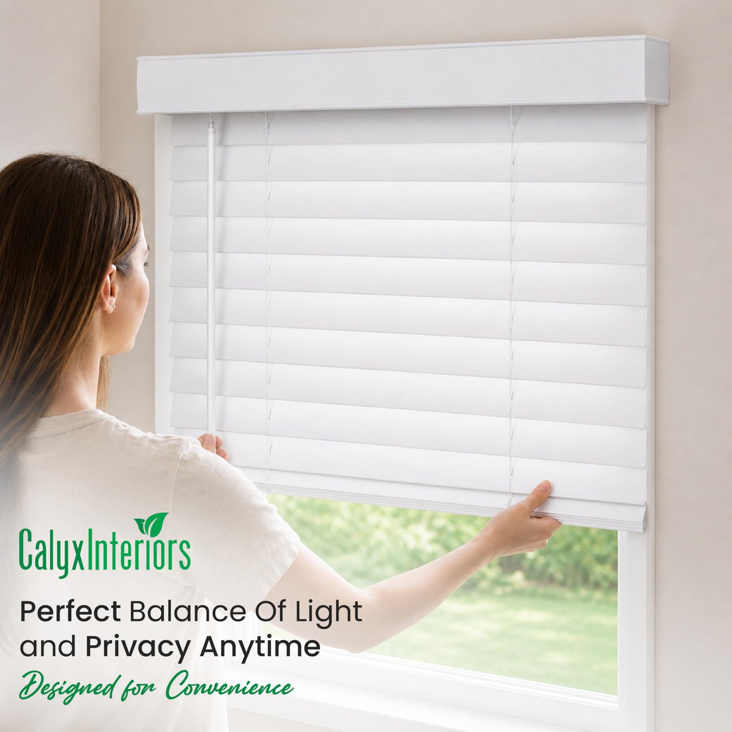 CALYX INTERIORS Faux Wood Blinds with Classic Valance, Cordless, 2" Slat, 34.5" W x 60" H, Room Darkening Shade for Windows and Doors, Pure White