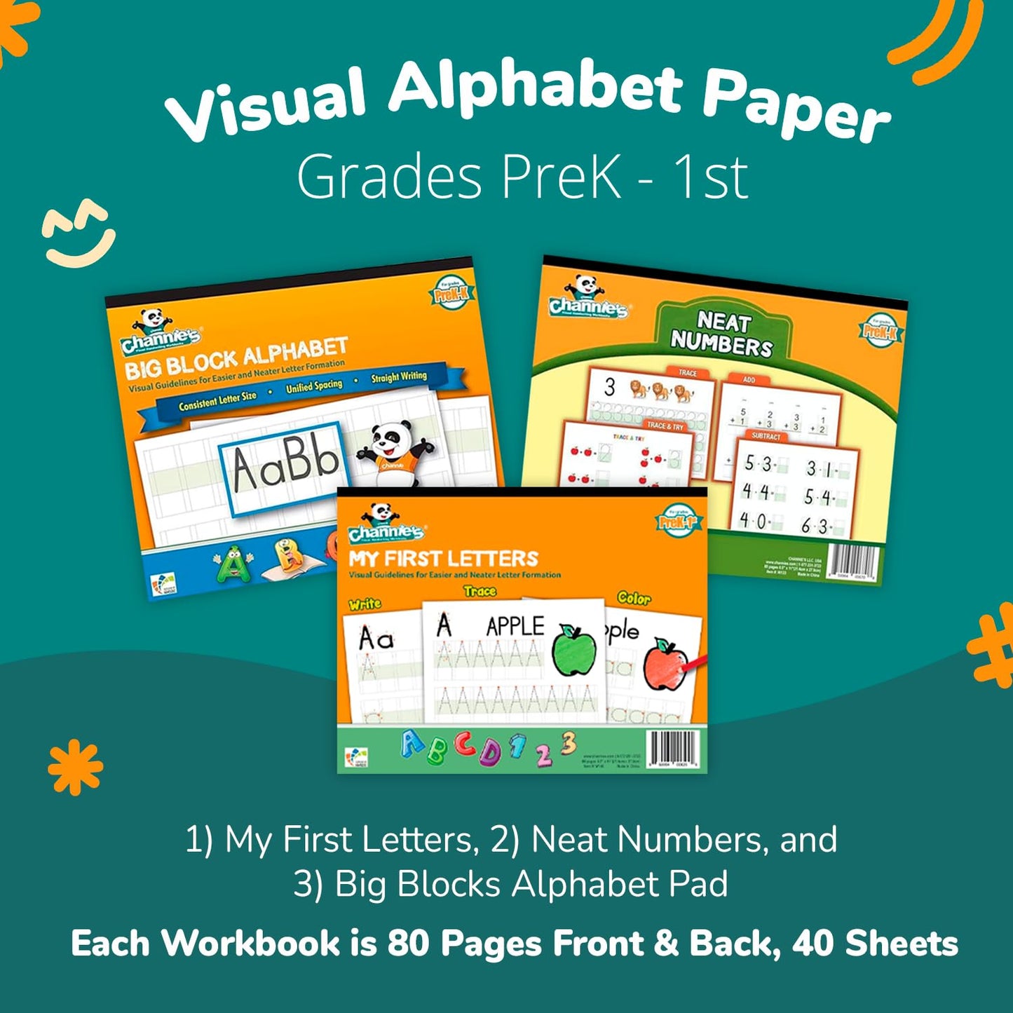 Channie's PreK Kindergarten Handwriting Visual Alphabets & Numbers Learning & Tracing Workbooks, 3 Pack - Alphabet & Numbers Preschool Workbook for Homeschool and After School