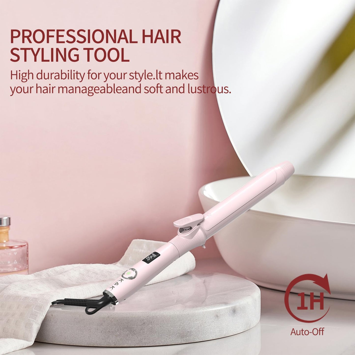 1 1/4 Inch Curling Iron with Clipped Tourmaline Ceramic Barrel Professional Hair Curler up to 450°F Dual Voltage for Traveling 60 Mins Auto Off Suit for Different Hairstyle (Pink, 1.25 Inch)