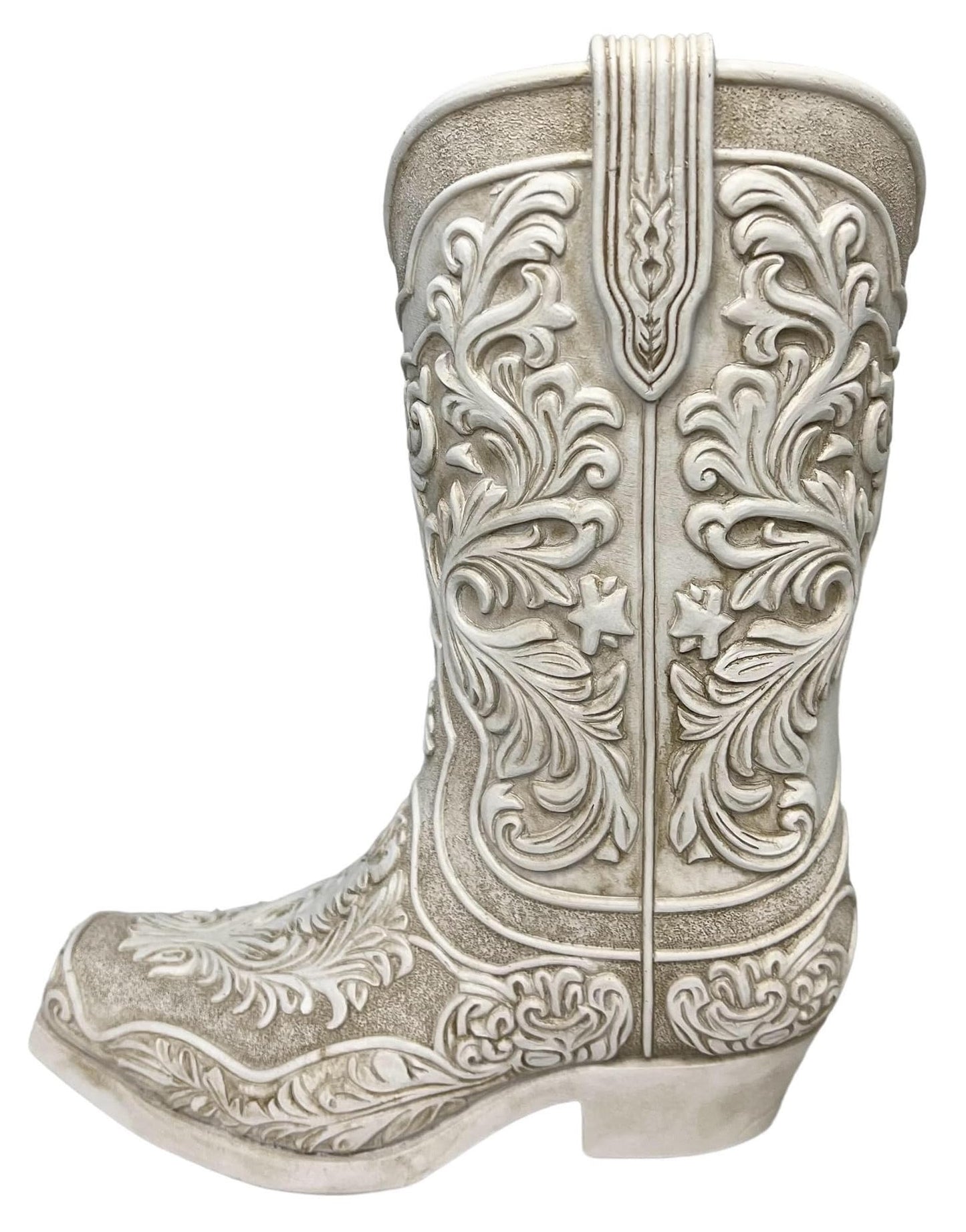 Cowgirl Boot Flower Vase – 9” Tall Antique White Finish with Intricate Tooled Leather Detailing - Decorative Western Cowboy Modern Rustic Decor