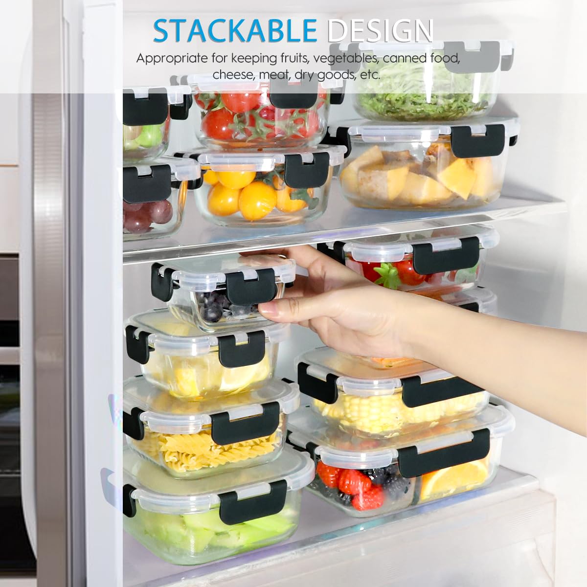 AMALEKO 42pcs Glass Food Storage Containers with Snap Locking Lids Set, Glass Meal Prep Containers (21 Container & 21 Lids),Leak Proof Lunch Containers BPA-Free,Black