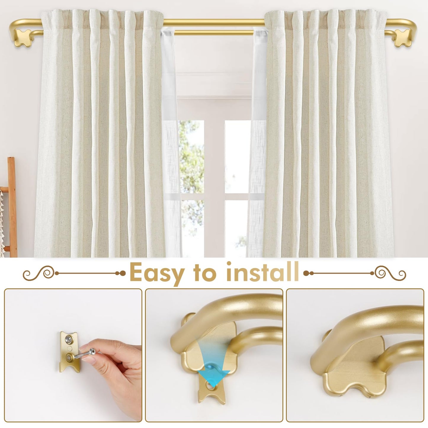 USFOOK Gold Double Curtain Rod Set, Blackout Wrap Around Curtain Rods for Windows 48 to 84 Inch, 6/8 Inch Room Darkening Curtain Rod 32 to 86 Inch, Decorative Double Drapery Rods