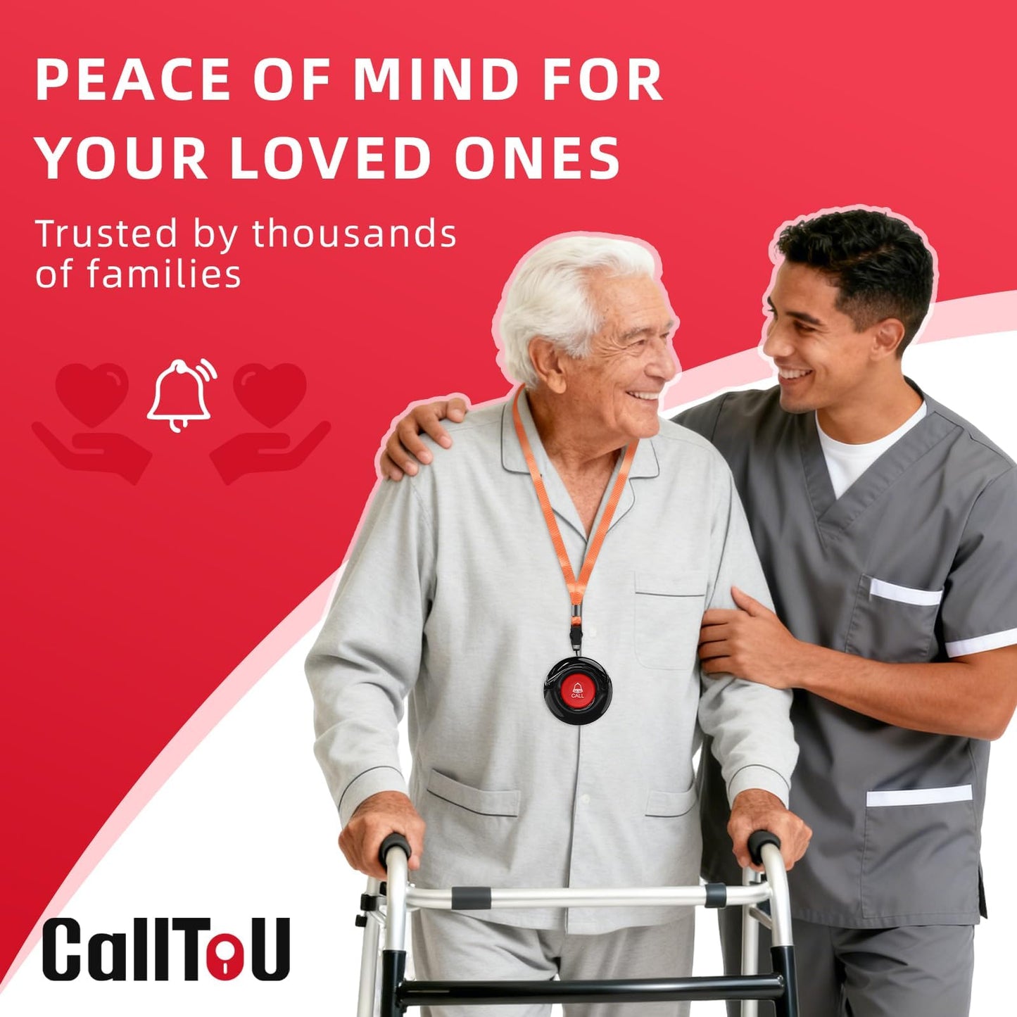 CallToU Caregiver Pager Wireless Call Button for Elderly at Home, 500+ ft Open Area Long Range Through Walls, 3 Plug-in Receivers and 2 Waterproof SOS Buttons, Home Nurse Call System