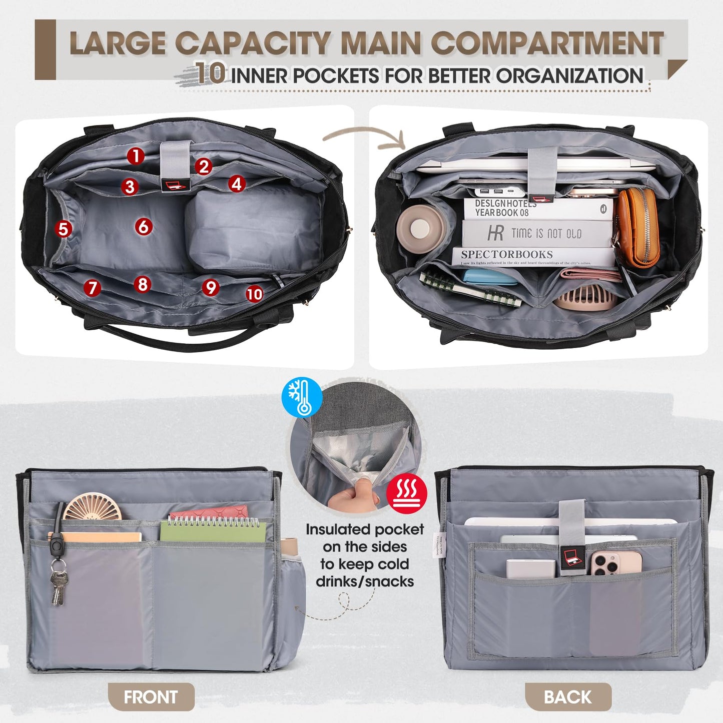 RAINSMORE Teacher Tote Bag with Insulated Lunch Compartment 15.6 inch Laptop Bag for Women Lightweight Work Bags Nurse Bags Professional Briefcase Computer Handbag for Office, College, Nursing, Black