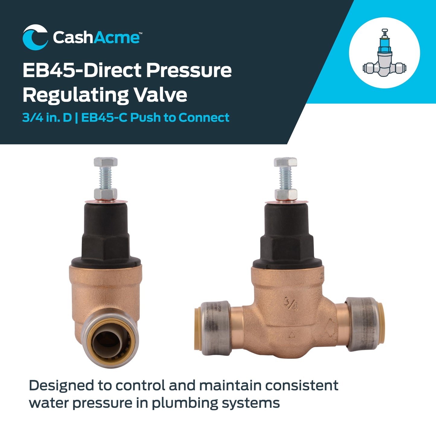 SharkBite 3/4 Inch EB45 Direct Pressure Regulating Valve, Push to Connect Brass Plumbing Fittings, PEX Pipe, Copper, CPVC, PE-RT, HDPE, 23808-0045
